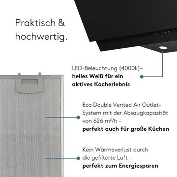 wiggo Kopffreihaube WE-A942G Dunstabzugshaube 90cm kopffrei - 2 Glas schwarz, Abluft Umluft Dunstabzug 626m³/h - Touch-Display - Glasfront