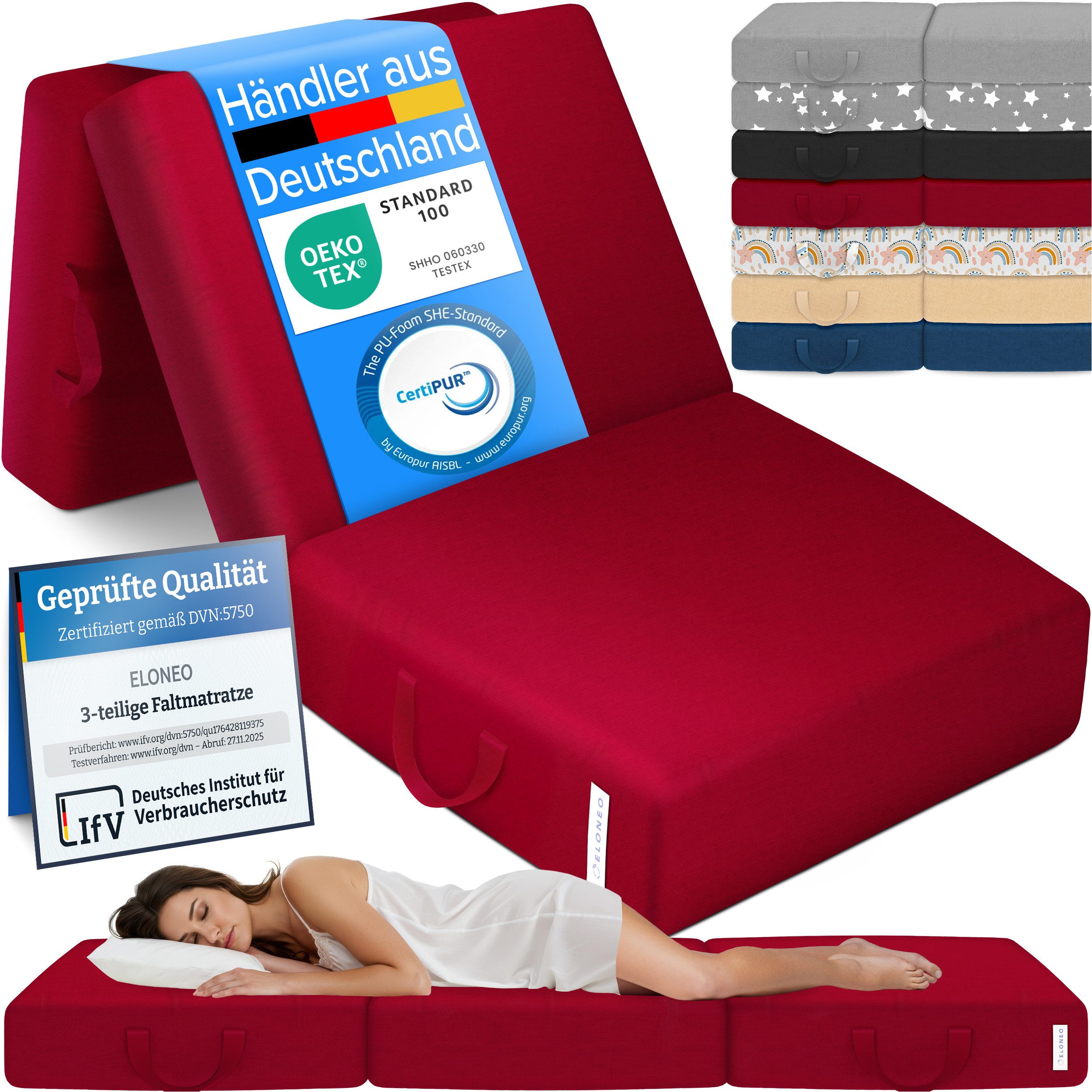 Klappmatratze 3-teilig, Gästematratze mit extra dickem Schaumstoff, ELONEO, 15 cm hoch, waschbarer Bezug, geeignet für Hausstauballergiker, schadstoffgeprüft