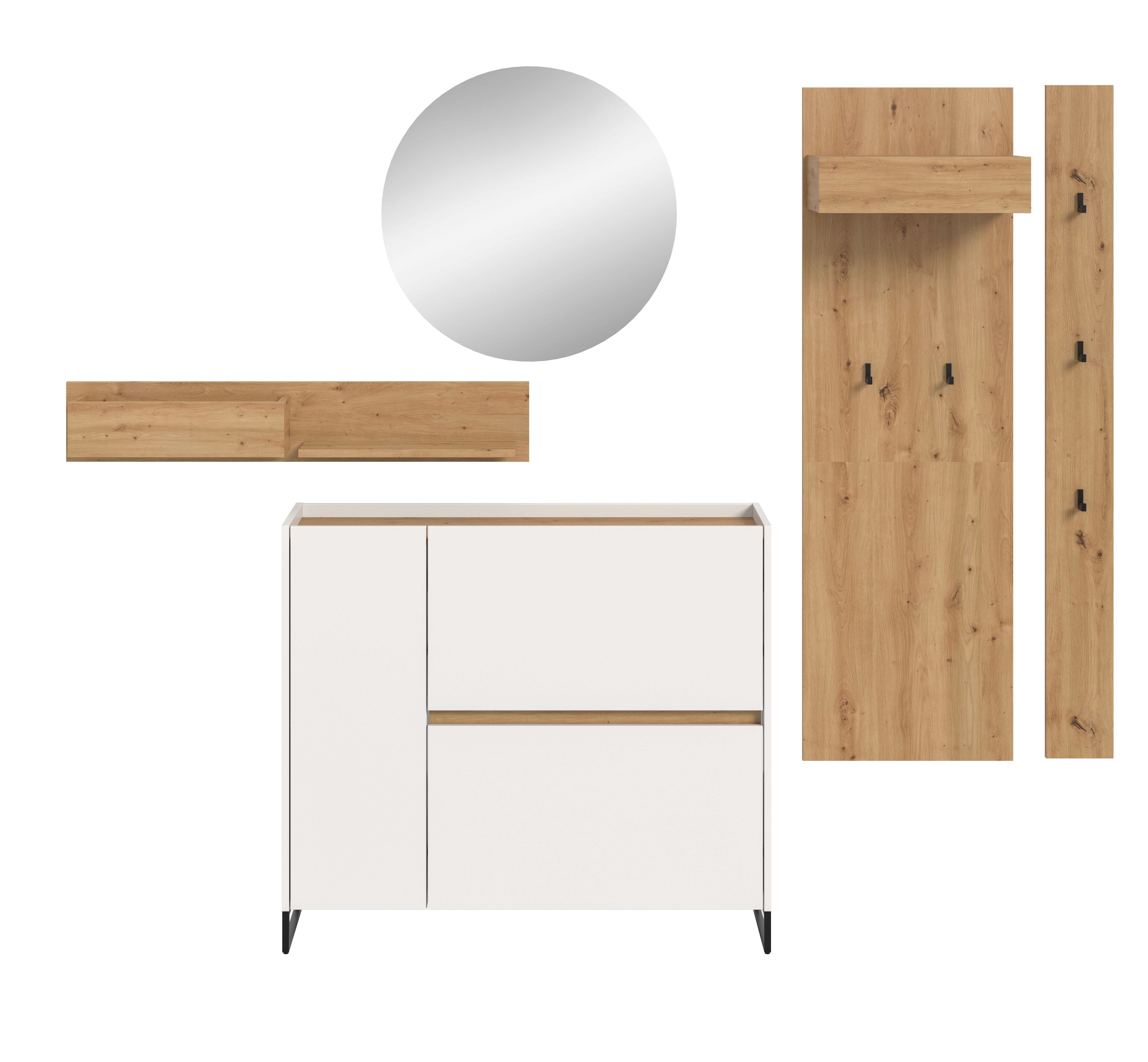 furnling Garderoben-Set Dravo, (5-St., 2x Garderobenpaneel, Hängeregal, Schuhkommode, Spiegel), 5 Haken, Spiegelfläche, Höhe 197 cm, weiß/Artisan Oak