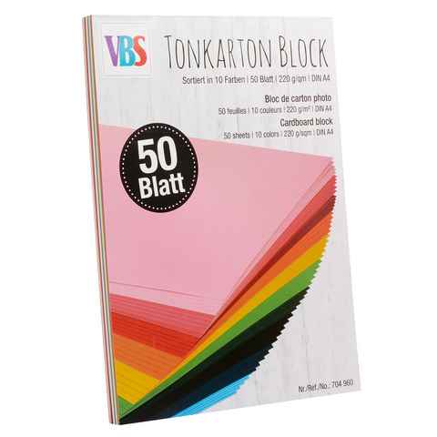 VBS Papierkarton Tonkarton Block DIN A4, 50 Blatt farbig