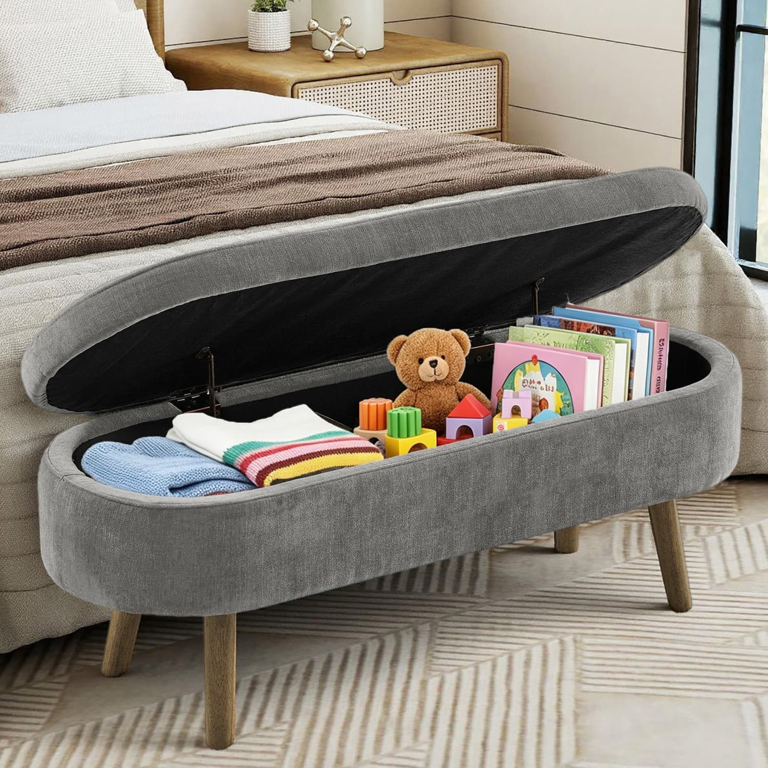 autolock Bettbank Multifunktionelle Aufbewahrungsbank,weicher Velvet-Stoff,Metallbeine, Fußbank,Bettbank,Polsterbank,Massivholzrahmen,20L Stauraum,110x40x42cm