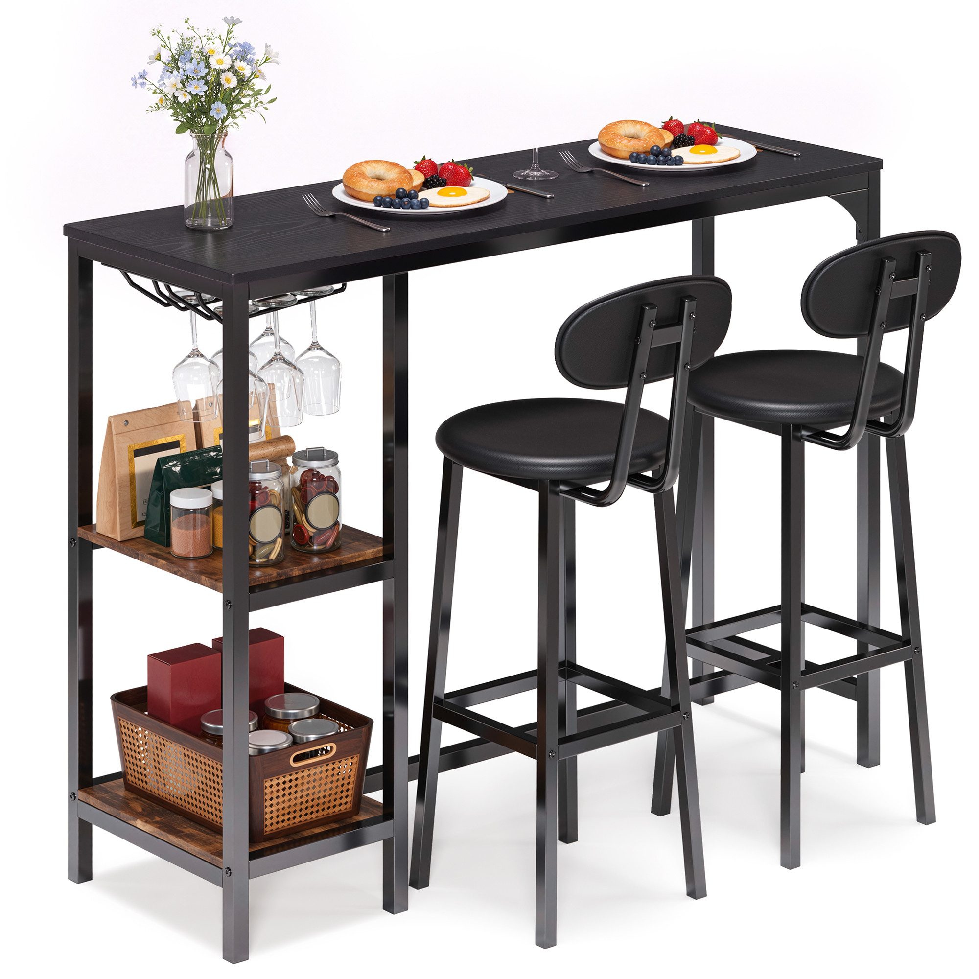 Bealife Bartisch Set, 3-tlg,Stehtisch mit 2 Barhockern,Küchentisch-Set mit Ablage Regal