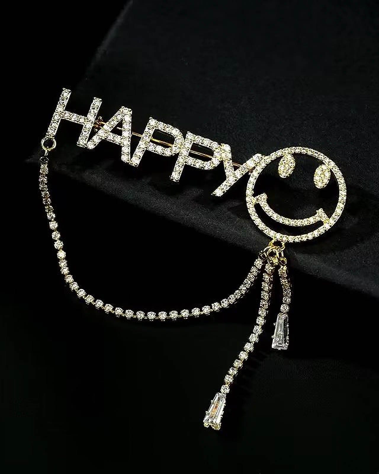 MayTree Brosche "HAPPY", mit Strass-Stein Kette (Stück, 1-tlg), Metallbrosche Buchstaben HAPPY, Smiley und Kette, Strass-Steine