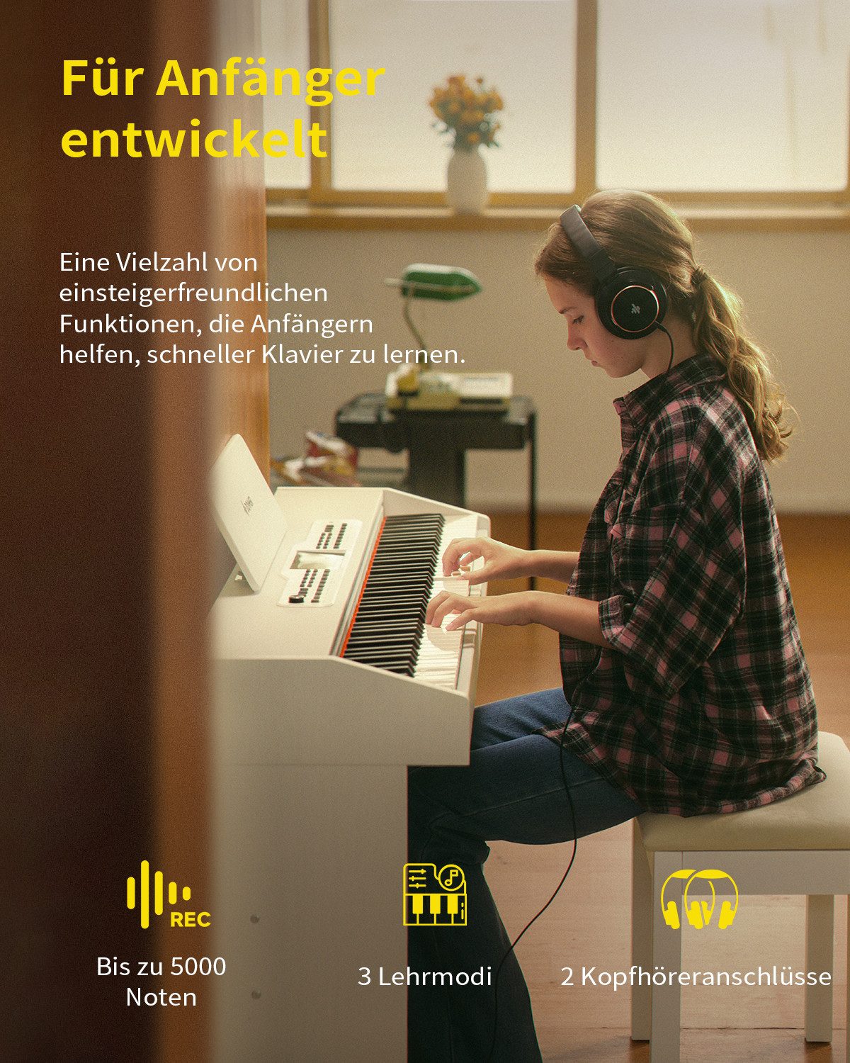 Donner Digitalpiano DDP-95 88 Tasten mit Hammergewicht 610 Soundvarianten Bluetooth (Set), Drahtlose Verbindung, Aufnahme 4,3-Zoll-LCD-Display – Bild 3 von 5