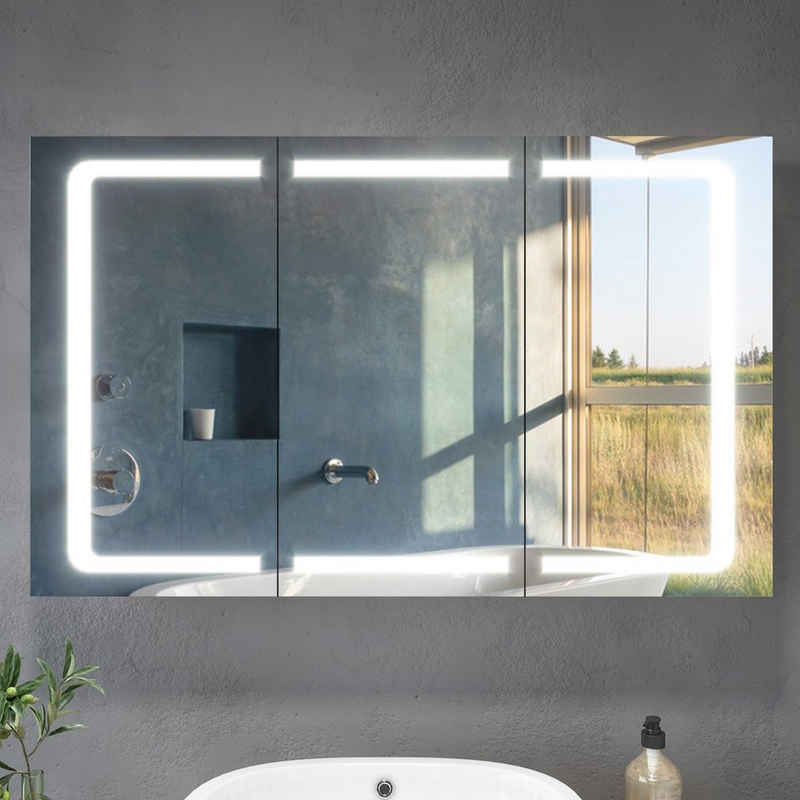SONNI Badezimmerspiegelschrank LED Spiegelschrank 3-türig Badezimmerspiegel mit Beleuchtung Steckdose, Badschrank