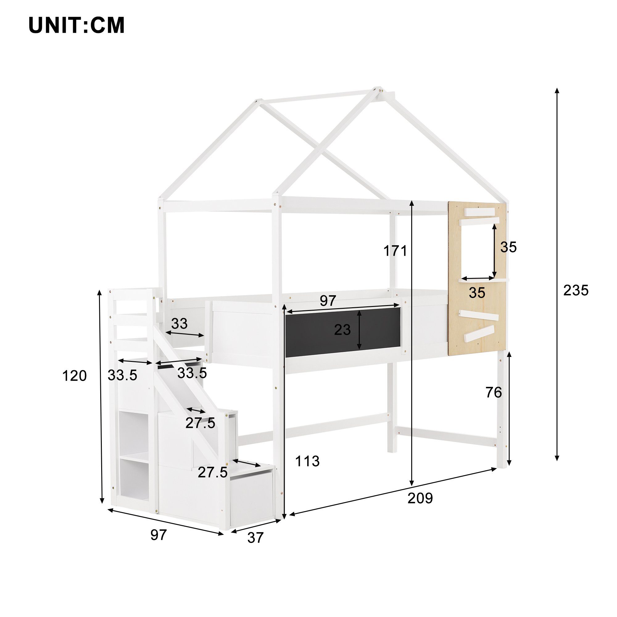 Hochbett (1-St) Kinderbett Etagenbett mit Lattenrost, Rausfallschutz und 3 Schubladen, Hausbett mit Treppe und Tafel, aus Kiefernholz