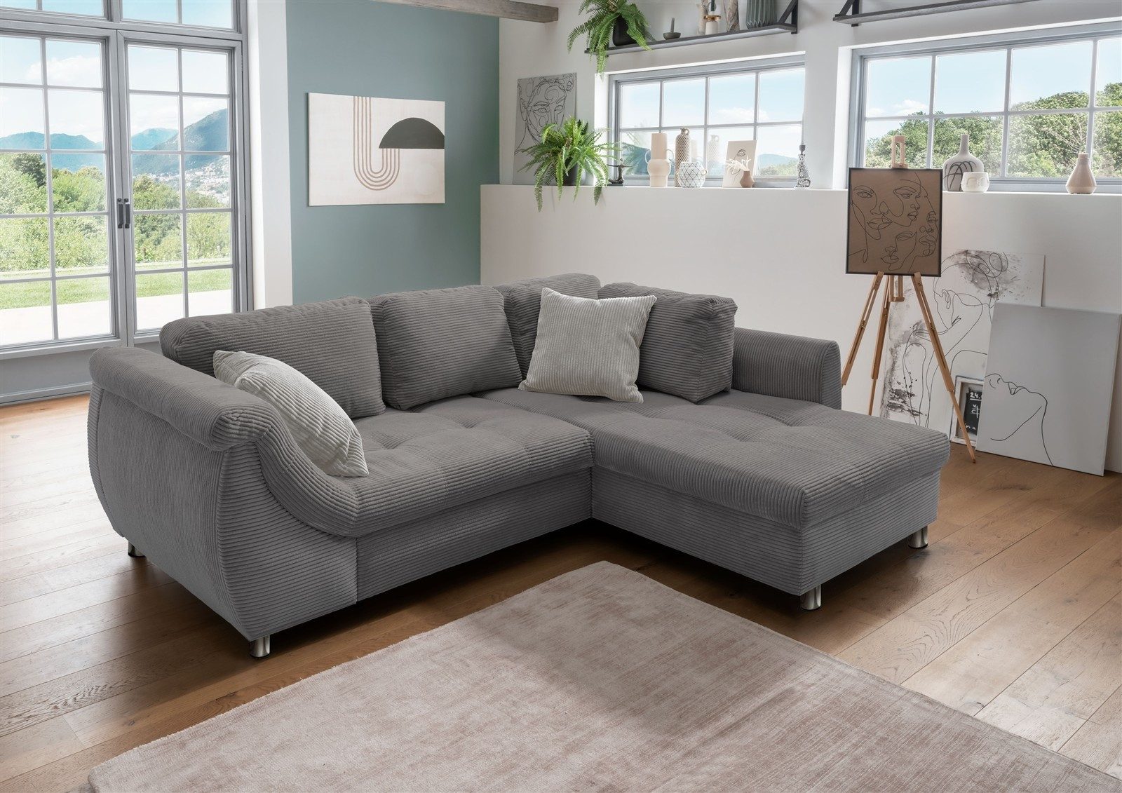 freiraum Polsterecke Allin, Bettfunktion, grau / silber, Cord - 250x66x190cm (BxHxT)