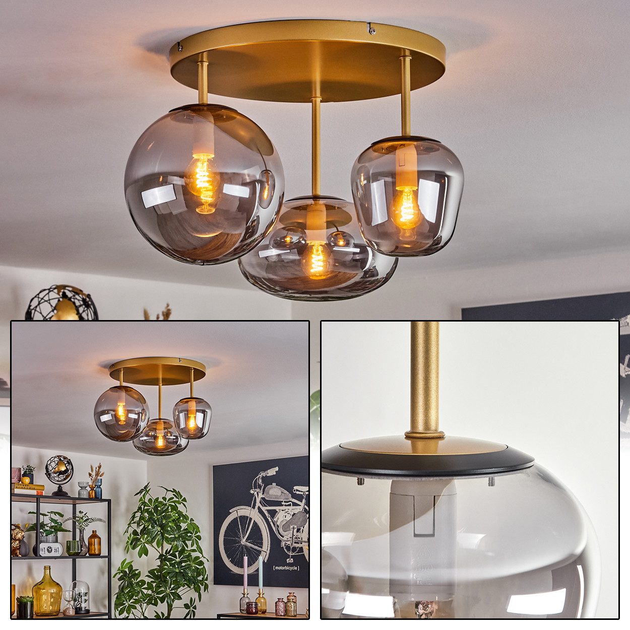 hofstein Deckenleuchte Deckenlampe aus Metall/Glas in Goldfarben, ohne Leuchtmittel, Glasschirme (19,5 cm; 22 cm; 14 cm), 3 x E14, ohne Leuchtmittel