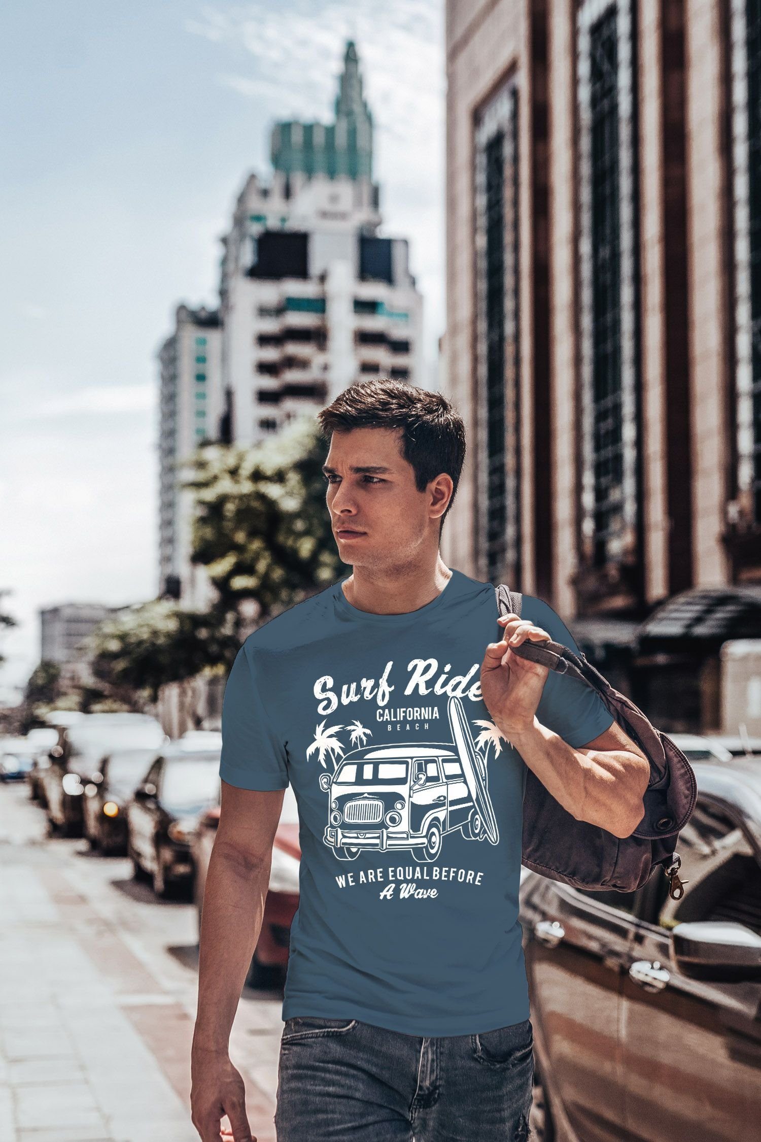 blau Herren mit Fit Bus Print-Shirt T-Shirt Retro Neverless Surfing Slim Neverless® Print