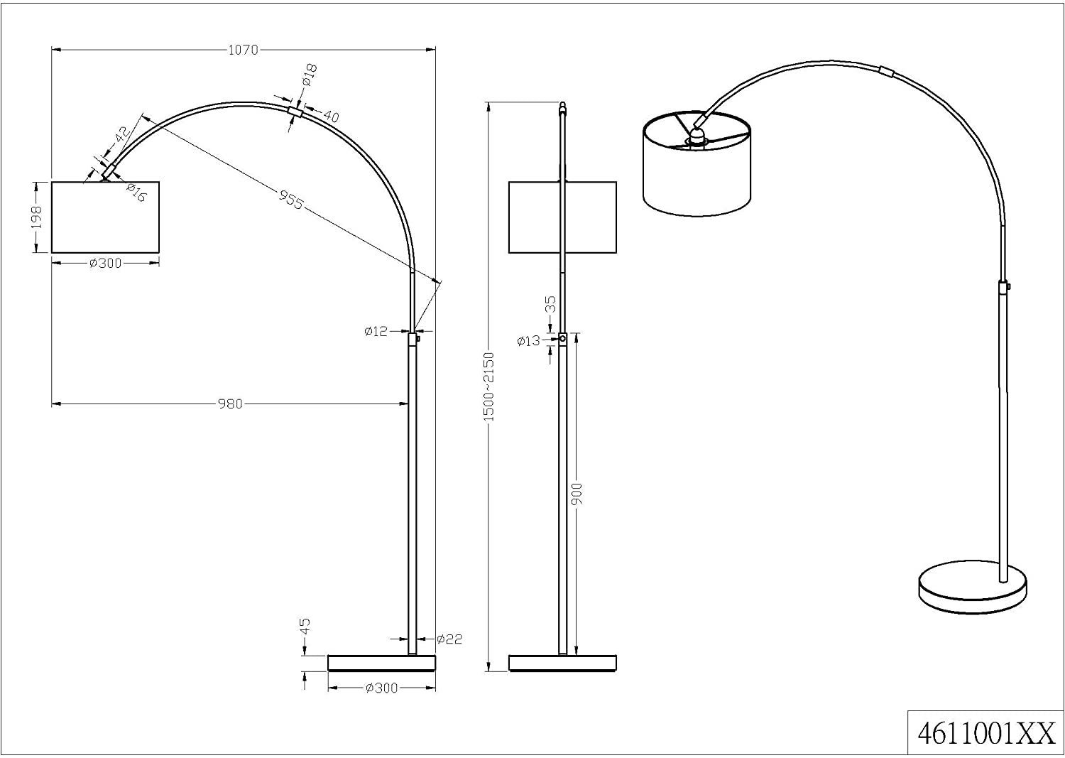 schwarz Leseleuchte Modern, Leselampe, lightling Leuchtmittel, Bogenlampe ohne abhängig Bogenleuchte, Leuchtmittel, vom