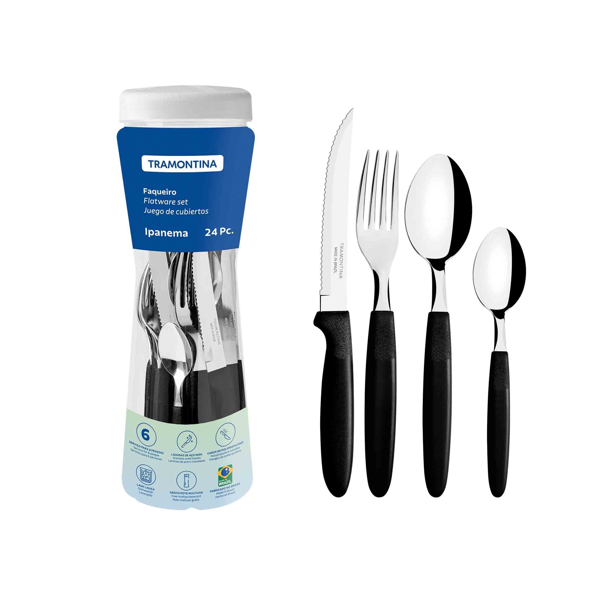 Tramontina Besteck-Set IPANEMA - 24-tlg., für 6 Personen, rostfrei, Camping (24-tlg), 6 Personen, Edelstahl, 24 Teile, komplettes Set, Picknick, spülmaschinenfest
