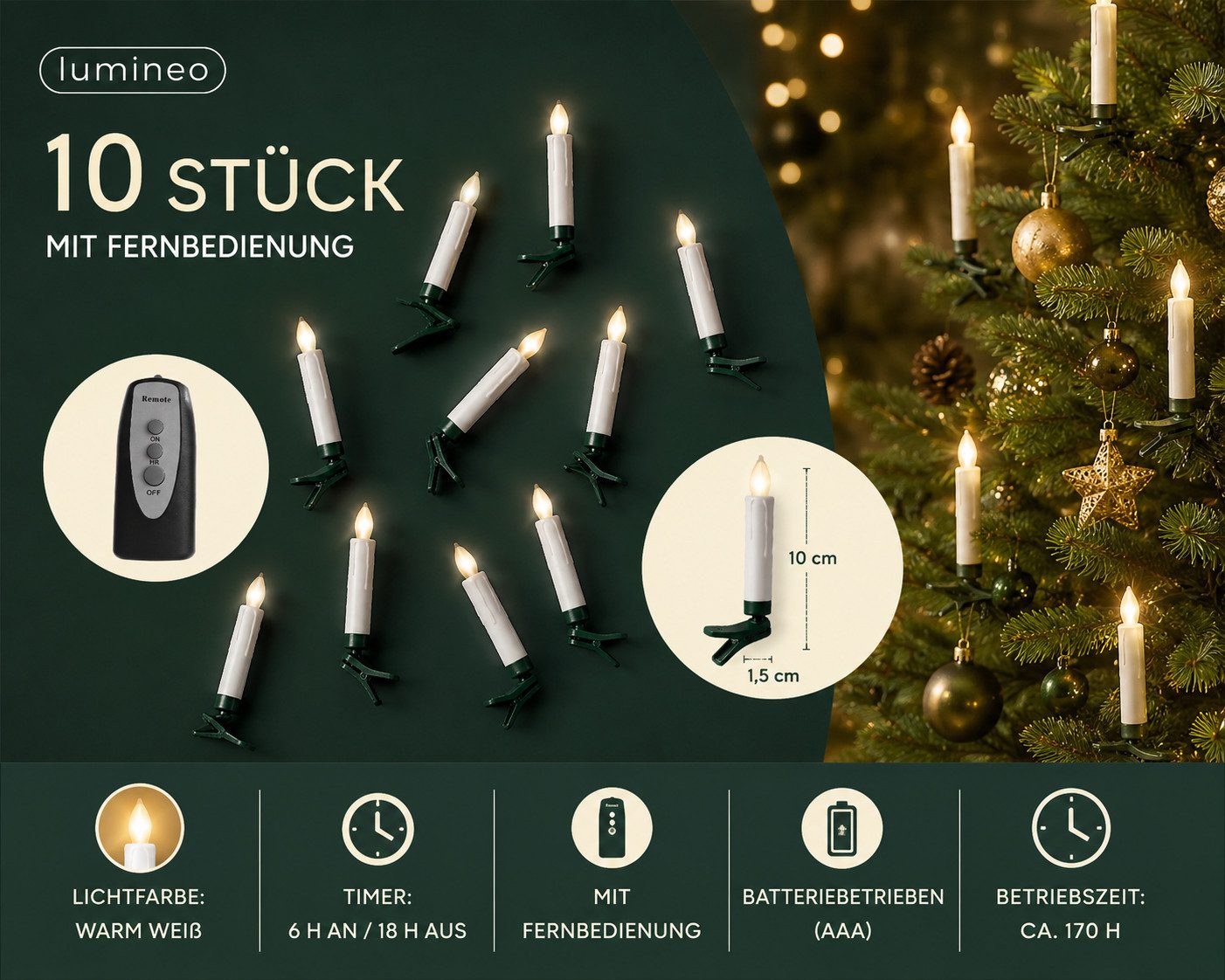 Lumineo LED-Christbaumkerzen Lumineo LED Baumkerzen Weiß 10 Stück, warm weiß, mit Fernbedienung, Indoor/Outdoor, 6h-Timer, AAA-Batterien, IP44