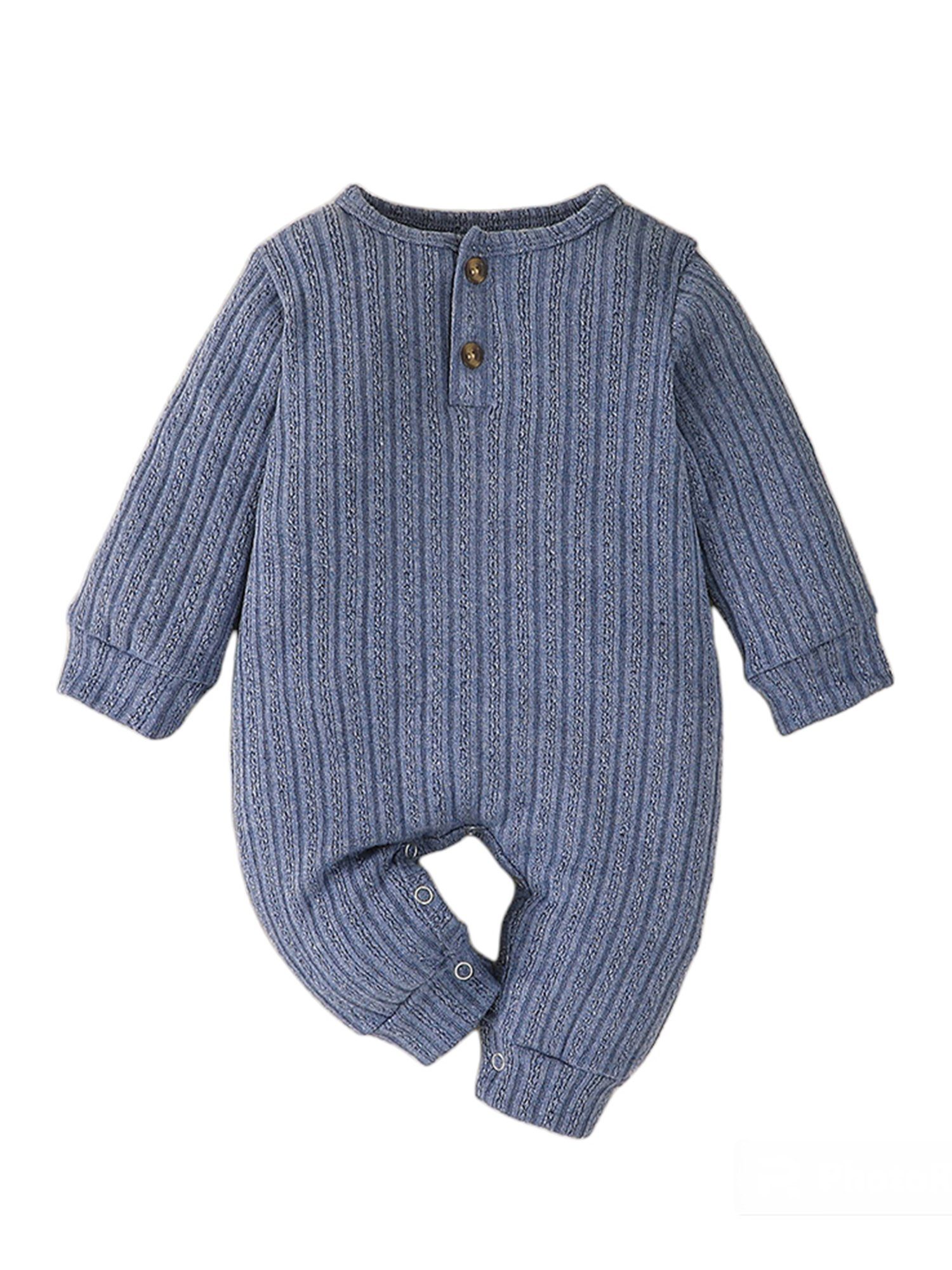 Lapastyle Strampler Einfarbiger langärmliger Strampler mit Knopfverschluss für Unisex Baby Jersey Anzug Tiefes Blau