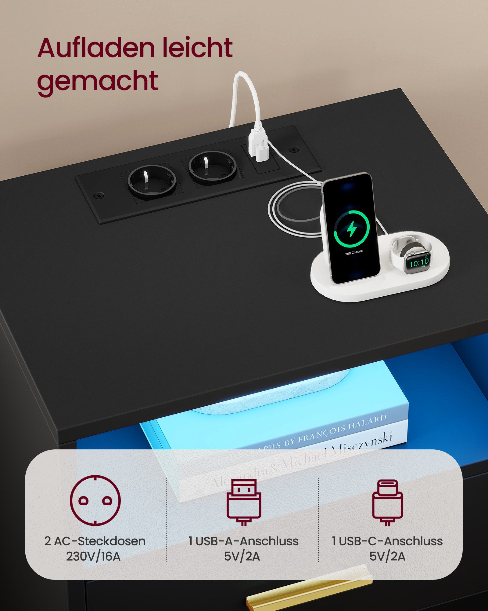 VASAGLE Nachttisch mit Ladestation, LED-Beleuchtung und Schubladen, mit 2 AC-Steckdosen und USB-Anschlüssen, 1er/2er Set