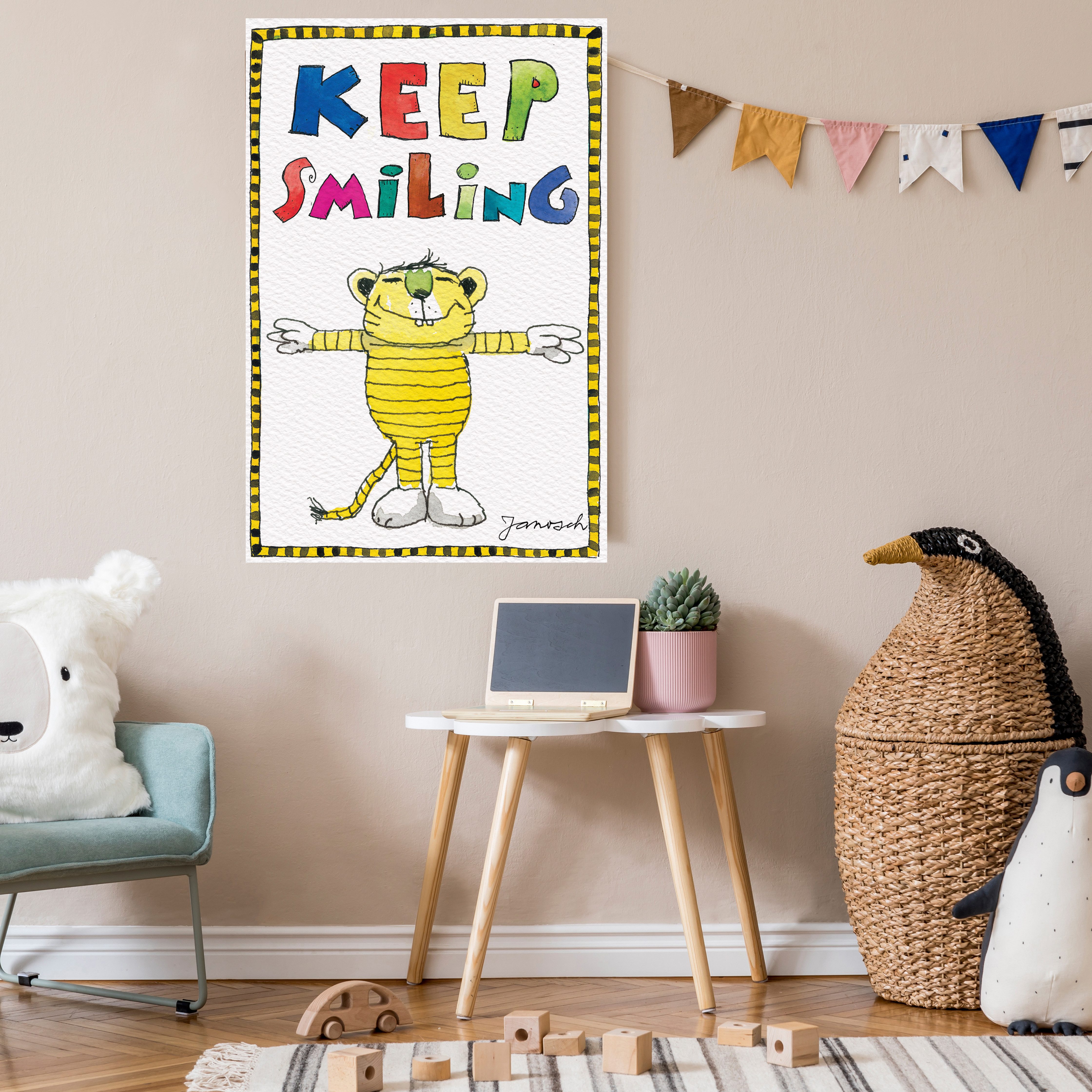 LuckyLinde Leinwandbild Der kleine Tiger - Keep Smiling, Ente, Enten, Figuren, Filmfiguren, Motivationsbilder, Schriftzug, Sprüche, Tiere, Tiger, little star (1 St), Exklusive JANOSCH Kindermotive