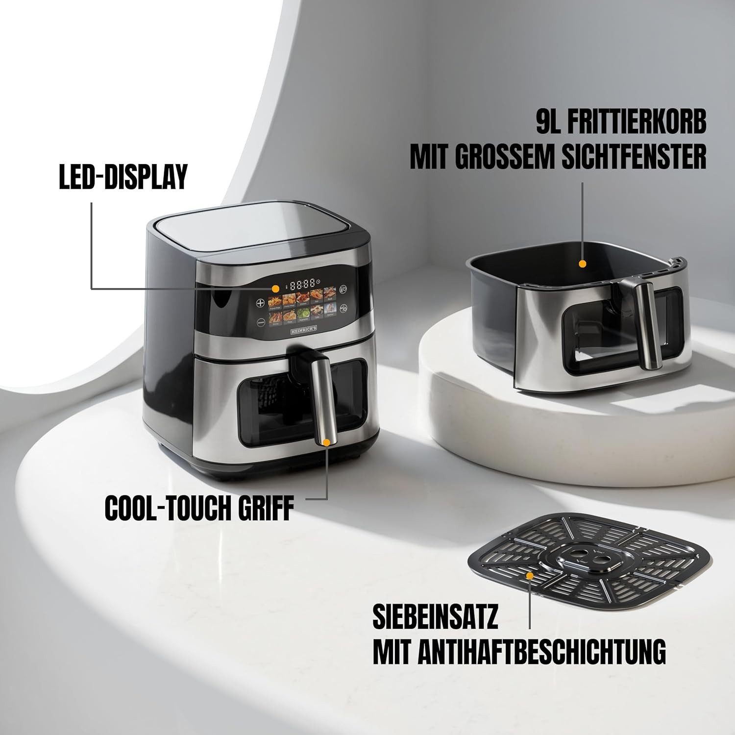 Heinrich´s Heißluftfritteuse, 1800 W, LED-Display mit Touch Bedienung, spülmaschinenfest