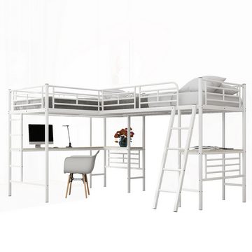 OKWISH Hochbett Metallbett, zwei Etagenbetten (Tisch unter dem Bett, Doppeltreppe, hohes Geländer 90x200cm) ohne Matratze