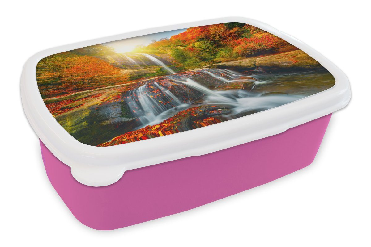 MuchoWow Lunchbox Wasserfall - Natur - Herbst - Rot - Wasser, Kunststoff, (2-tlg), Brotbox für Erwachsene, Brotdose Kinder, Snackbox, Mädchen, Kunststoff rosa