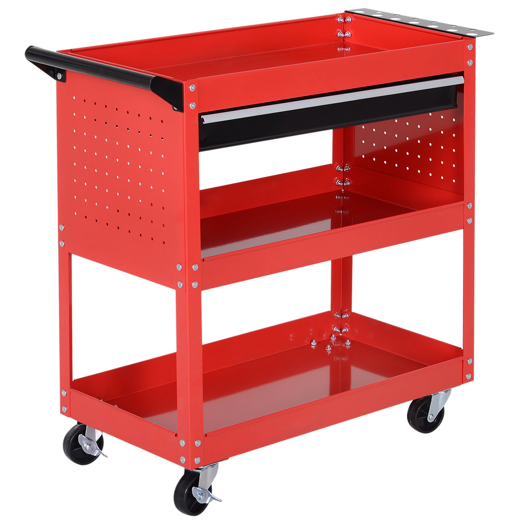 HOMCOM Werkzeugwagen Werkstatt-Rollwagen mit 3 Ebenen, max. Traglast:60 kg, (Montagewagen, 1-tlg., Transportwagen), Schwarz+rot 82 x 35 x 76 cm