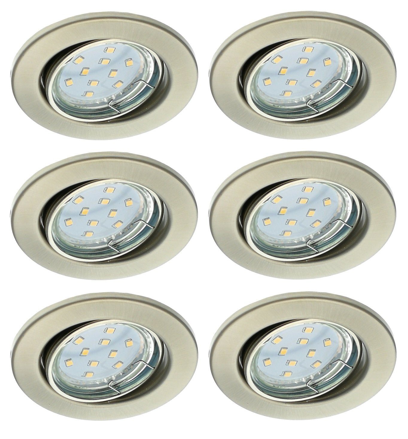 TRANGO LED Einbauleuchte, Dimmfunktion, 6er Set 6729-062MOSD LED Einbaustrahler in Nickel matt Rund incl. 6x 5 Watt 3 Stufen dimmbar Ultra Flach LED Modul 3000K warmweiß, Warmweiß, Deckenspot, Einbauspot, Deckenleuchte