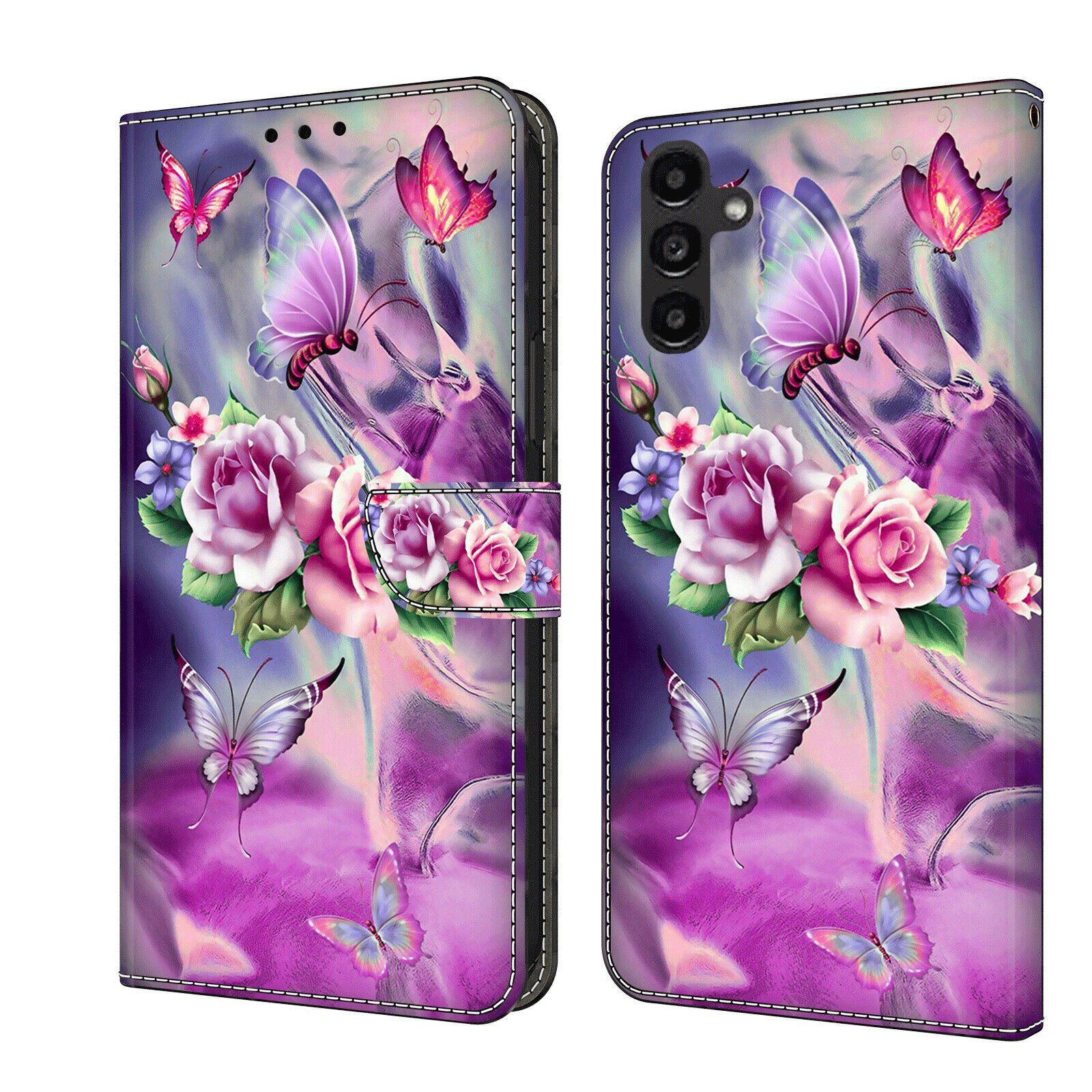 CLM-Tech Handytasche für Samsung Galaxy A55 5G Hülle - Tasche aus Kunstleder Klapphülle (lila Blumen Schmetterlinge, Handyhülle mit Standfunktion - Wallet Flip Case inklusive Kartenfächer), - Cover Etui mit Magnetverschluss - Galaxy A55 5G Schutzhülle