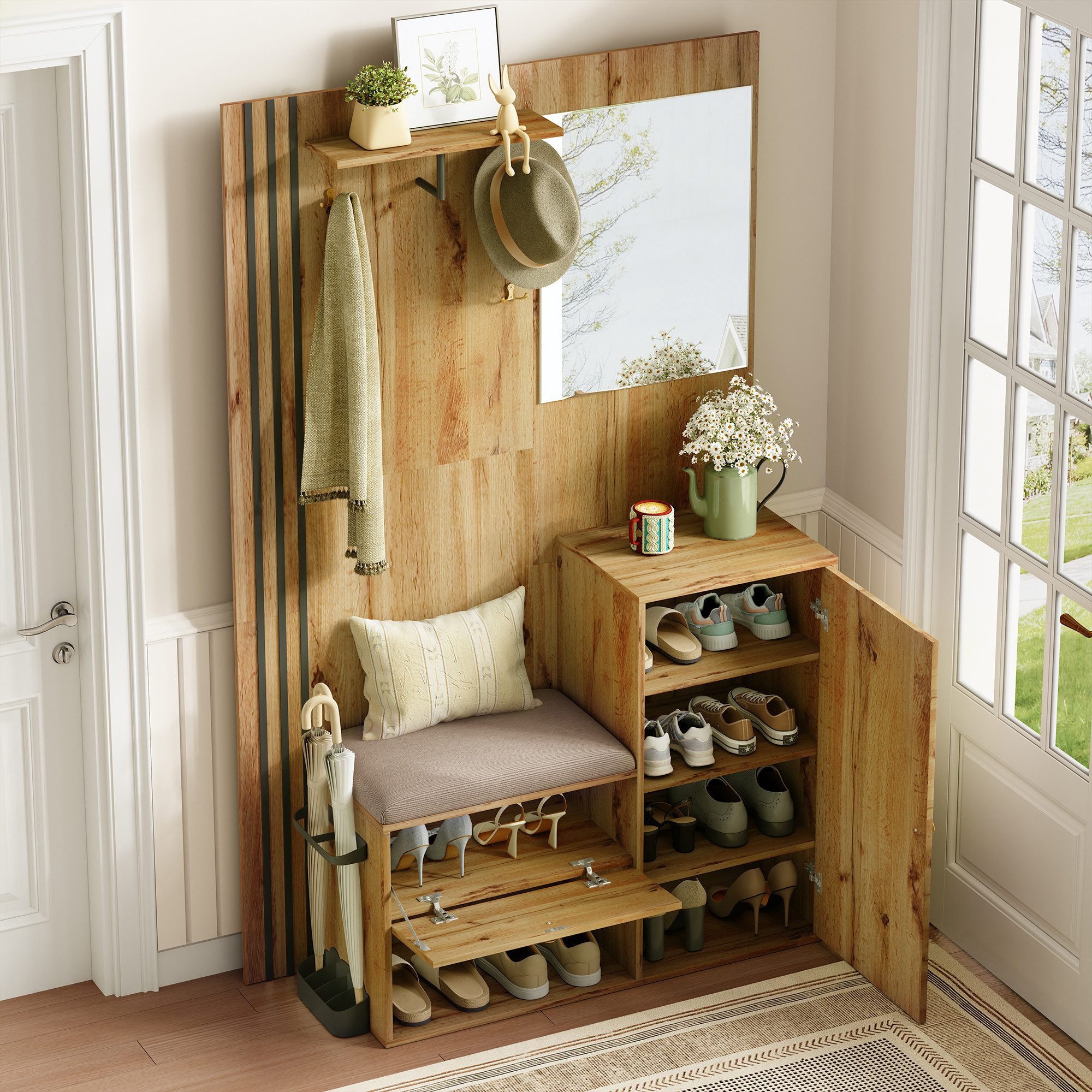 Merax Garderoben-Set Kompaktgarderobe mit Spiegel, Sitzkissen & schwarzer Zierleiste, (Flur-Garderobenset Eingangsbereich-Schrank Flurschrank, 1-St., 115x185x37 cm), mit Soft-Close-Türen, verstellbaren Regalen, Schirmablage & Kippschutz