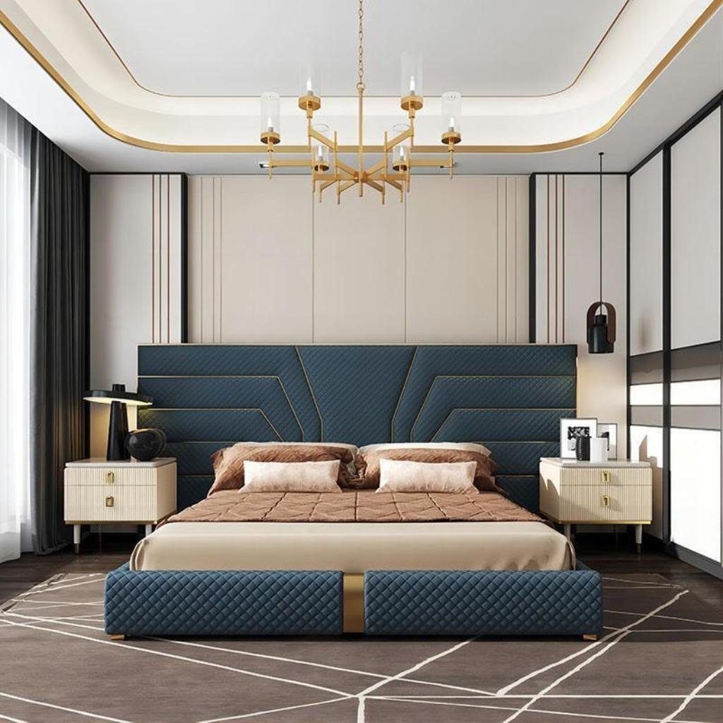 JVmoebel Bett Designer Bett Polsterbett Metall Gold 180x200 Ehebett Doppelbett (1-tlg., 1x Bett ohne Nachttische), Made in Europa Blau