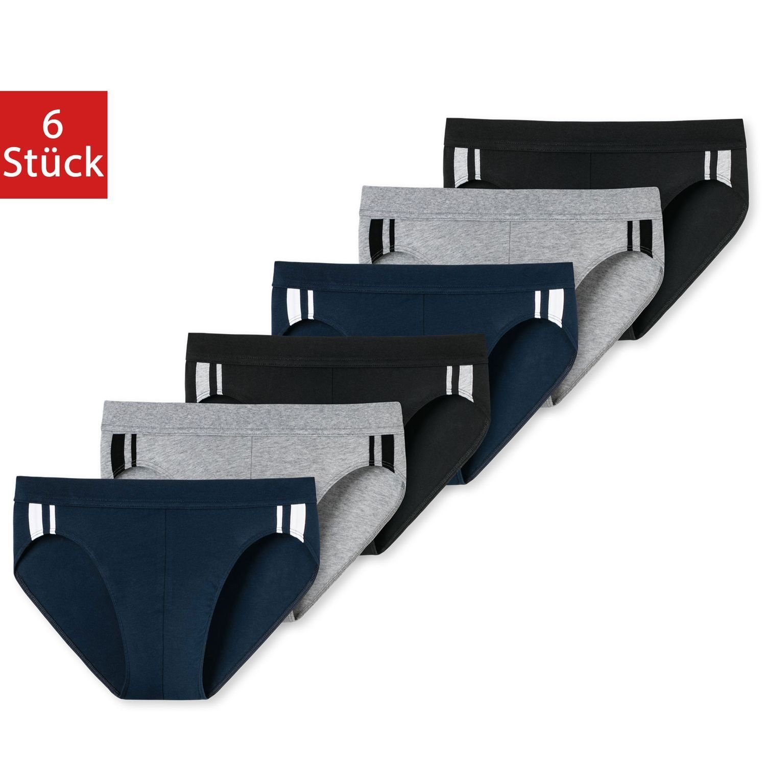 Schiesser Slip Organic Cotton (6-St) mit seitlichen Streifen im 6er Pack schwarz / navy / grau melange
