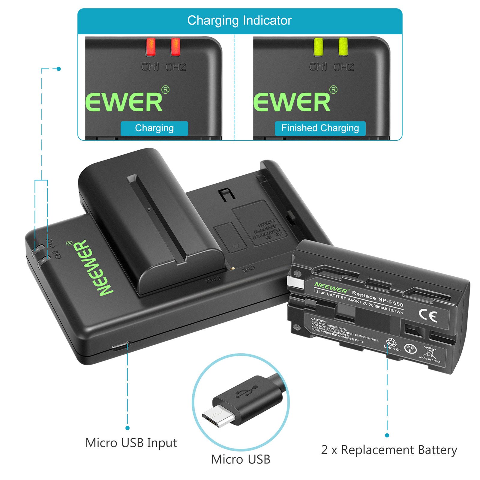 Neewer Ersatzakku und Ladegerät Set für NP-F550, 2er Pack 2600mAh Akkus Kamera-Akku, mit USB Ladegerät