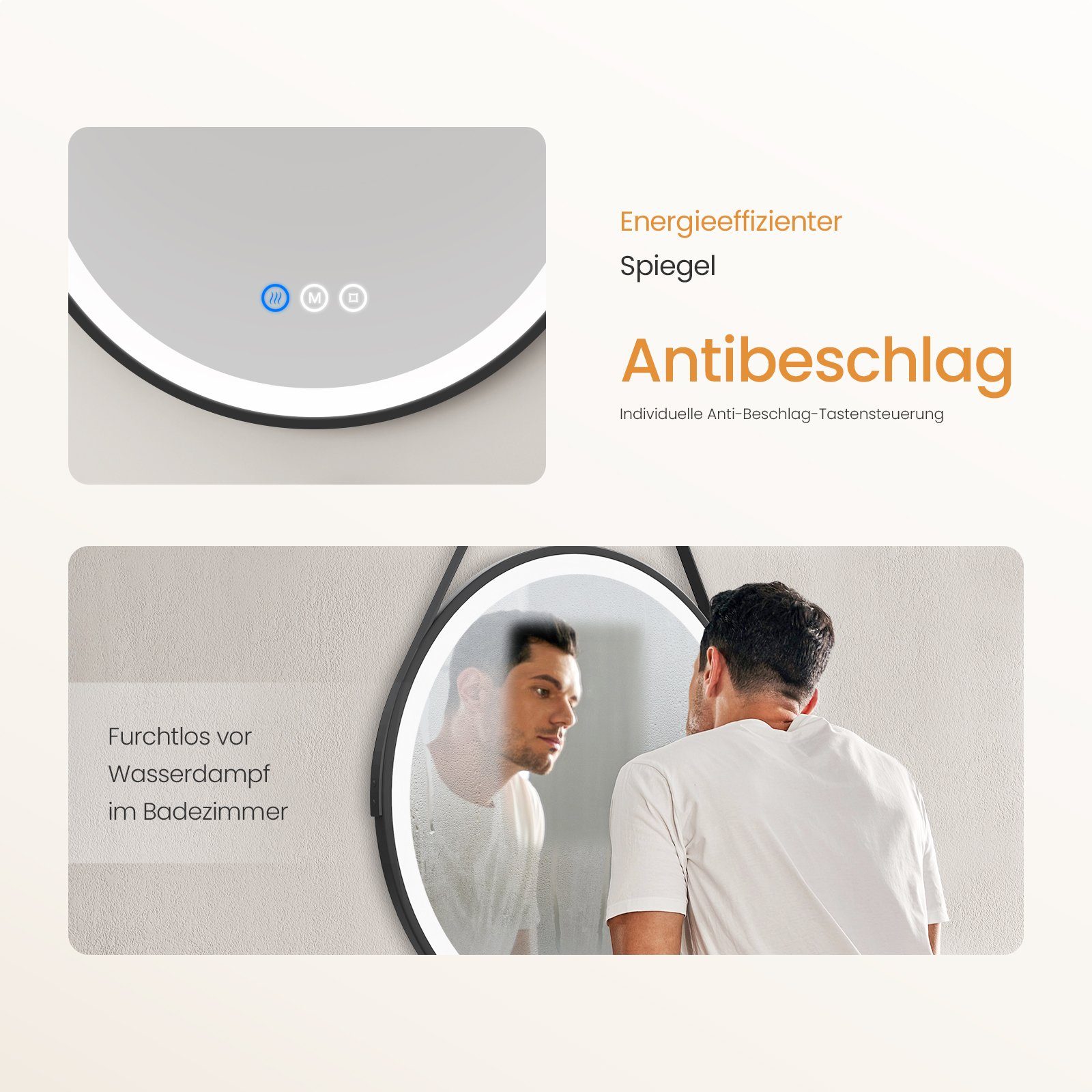 EMKE Badspiegel mit Beleuchtung Rund Badezimmerspiegel schwarzem Rahmen (50-80cm, Touchschalter), 3 Lichtfarben, dimmbar, Touch, Memory, mit Antibeschlag, IP44 – Bild 4 von 5