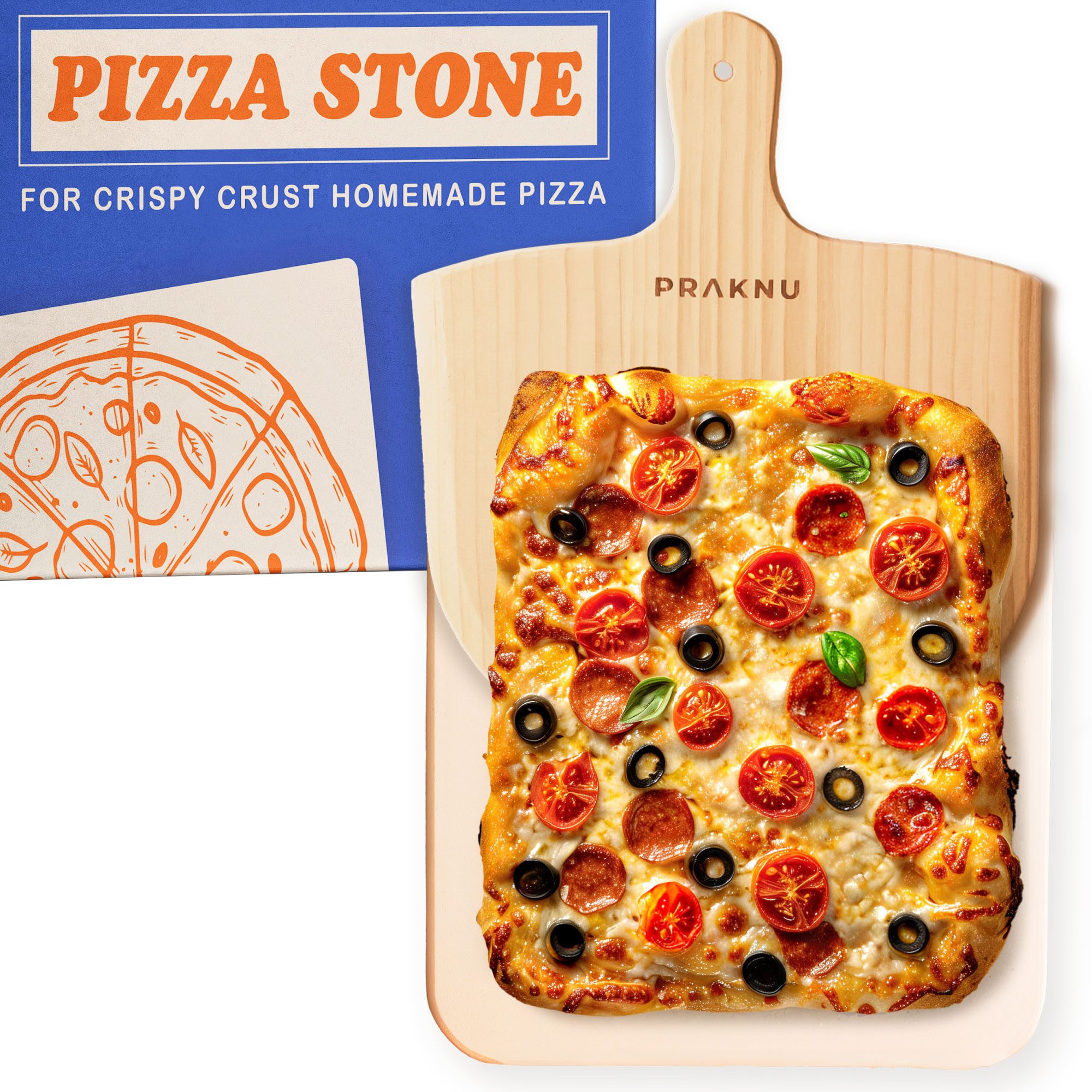 Praknu Pizzastein Pizzastein Eckig und Pizzaschieber im 2er Set, Cordierit, (2-St., Pizzastein und Pizzaschieber Set), Für Knusprigen Boden - bis 900 °C - Wärme Speichernd - Pizzaschaufel