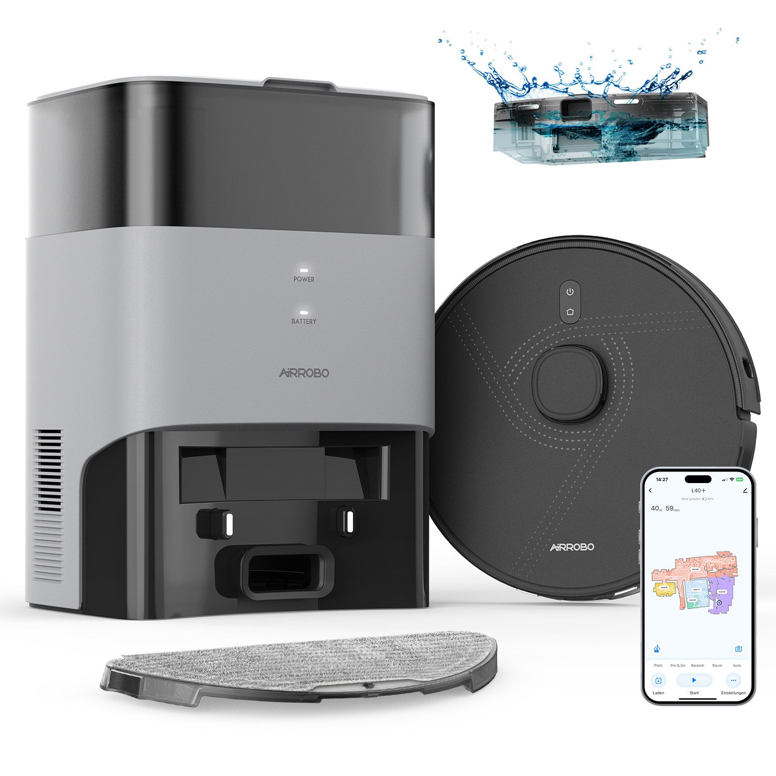 AIRROBO Nass-Trocken-Saugroboter L40+ Roboterstaubsauger mit Wischfunktion und Absaugstation, 50 W, 5500 Pa Saugkraft, 75 Tage freihändige Reinigung, USLAM LiDAR-Navigation, 3-in-1 Saugen & Wischen, 180 Min. Laufzeit