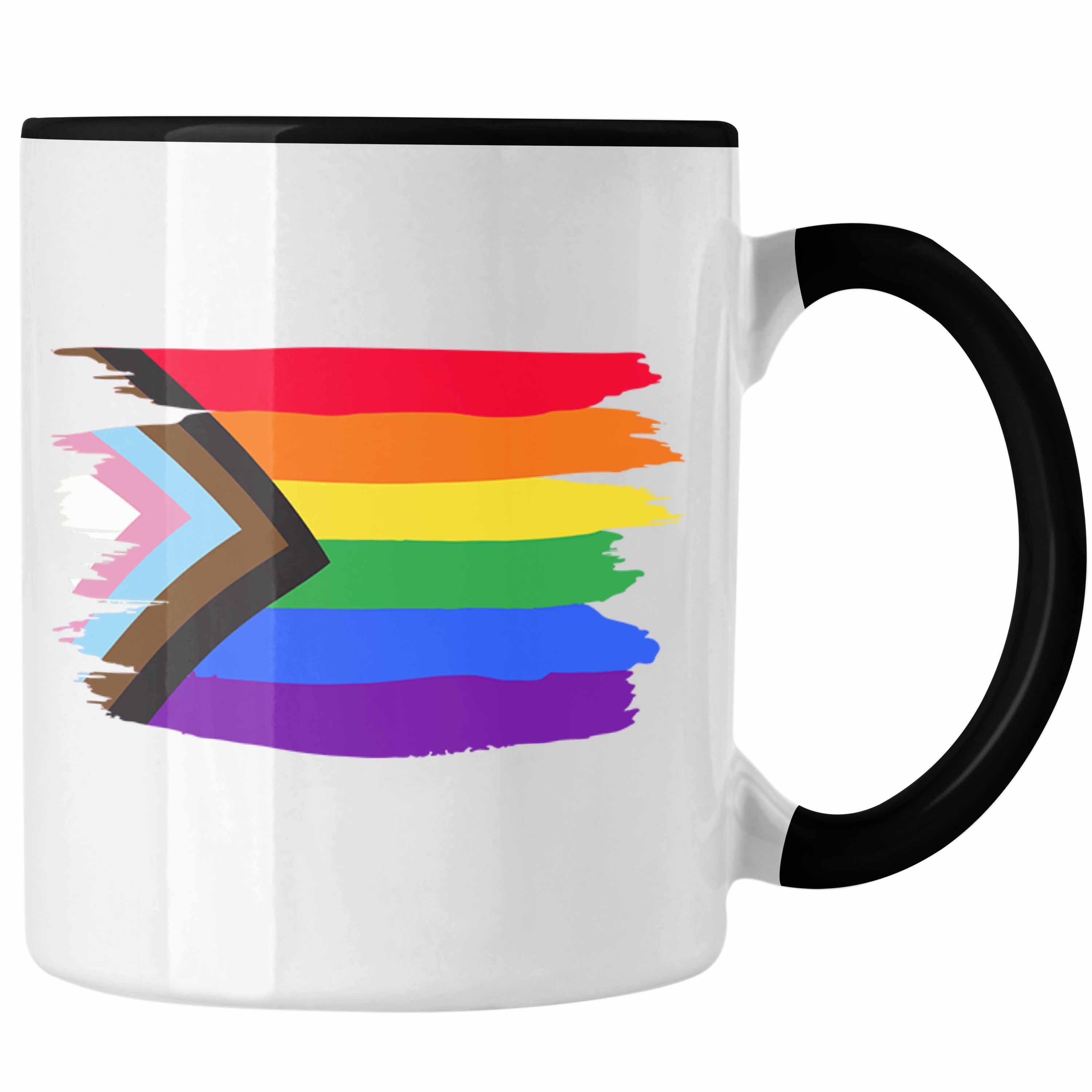Trendation Tasse Trendation - Regenbogen Tasse Geschenk LGBT Schwule Lesben Transgender Grafik Pride Flagge Schwarz
