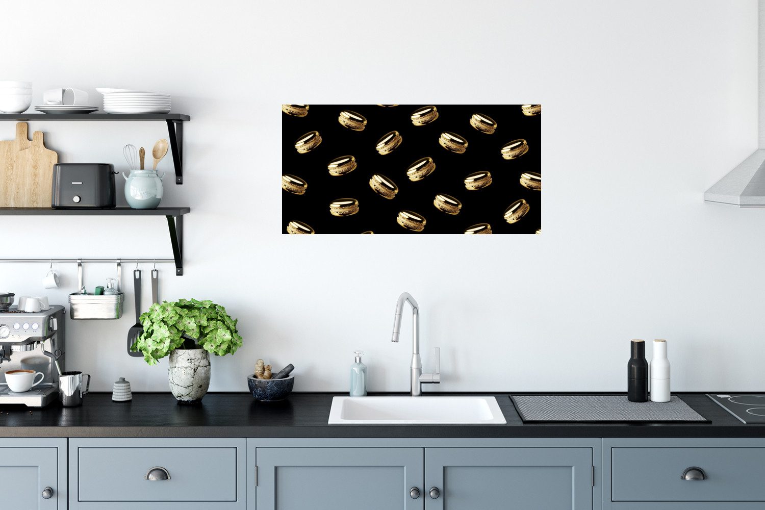 MuchoWow Wandsticker Makronen - Muster - Gold - Schwarz (1 St), Sticker für die Wohnzimmer und Schlafzimmer, 80x40 cm