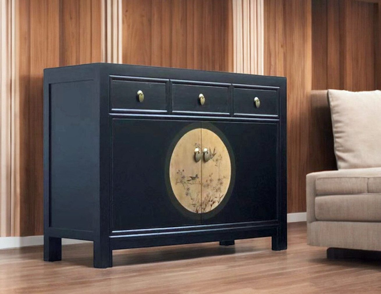 OPIUM OUTLET Kommode Asia Schrank Sideboard orientalisch chinesisch (komplett montiert), Vintage-Stil, asiatisch, schwarz-beige
