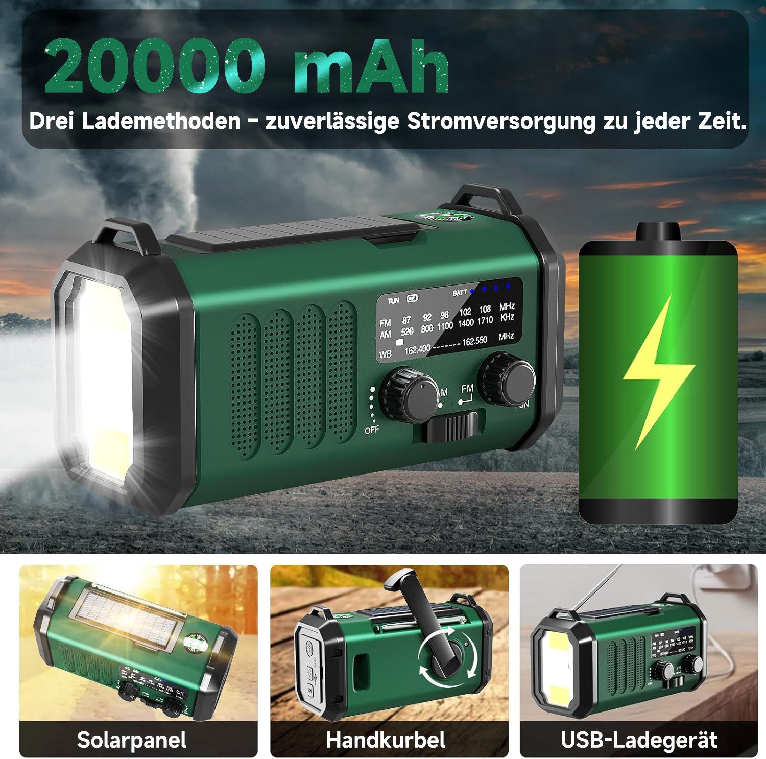SWGOTA 20000mAh Solar Notfallradio mit AM/FM Geeignet,Camping/Wandern/Outdoo Notfallradio (automatischerFrequenzregelung(AM/FM),NOAA Empfang, 14 W, Tragbare Kurbelradio,14W LED Taschenlampe-Leselicht/SOS-Alarm/Kompass)