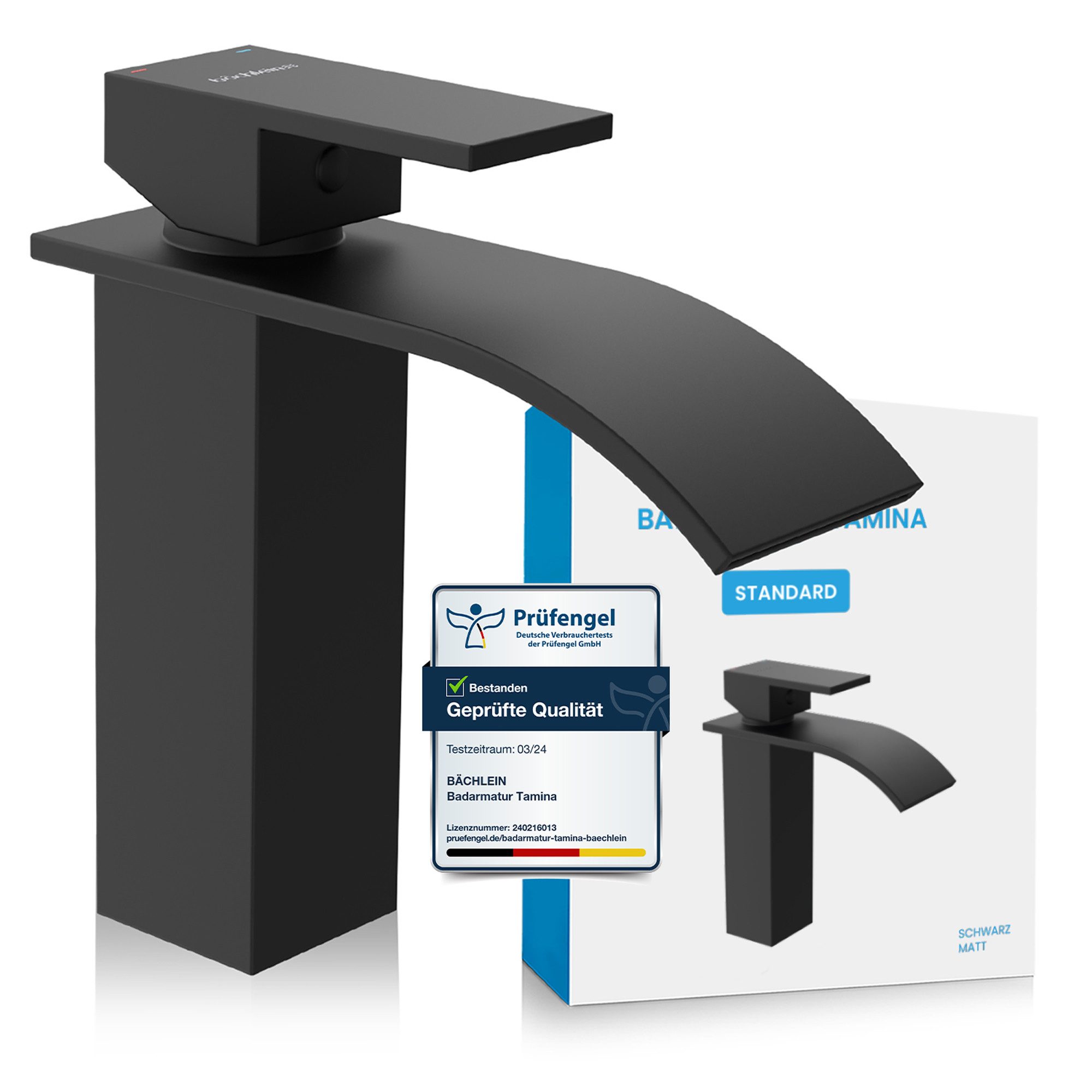 Bächlein Badarmatur Elegante Badarmatur Tamina (Schwarz) hochwertige Designarmatur mit Wasserfalloptik
