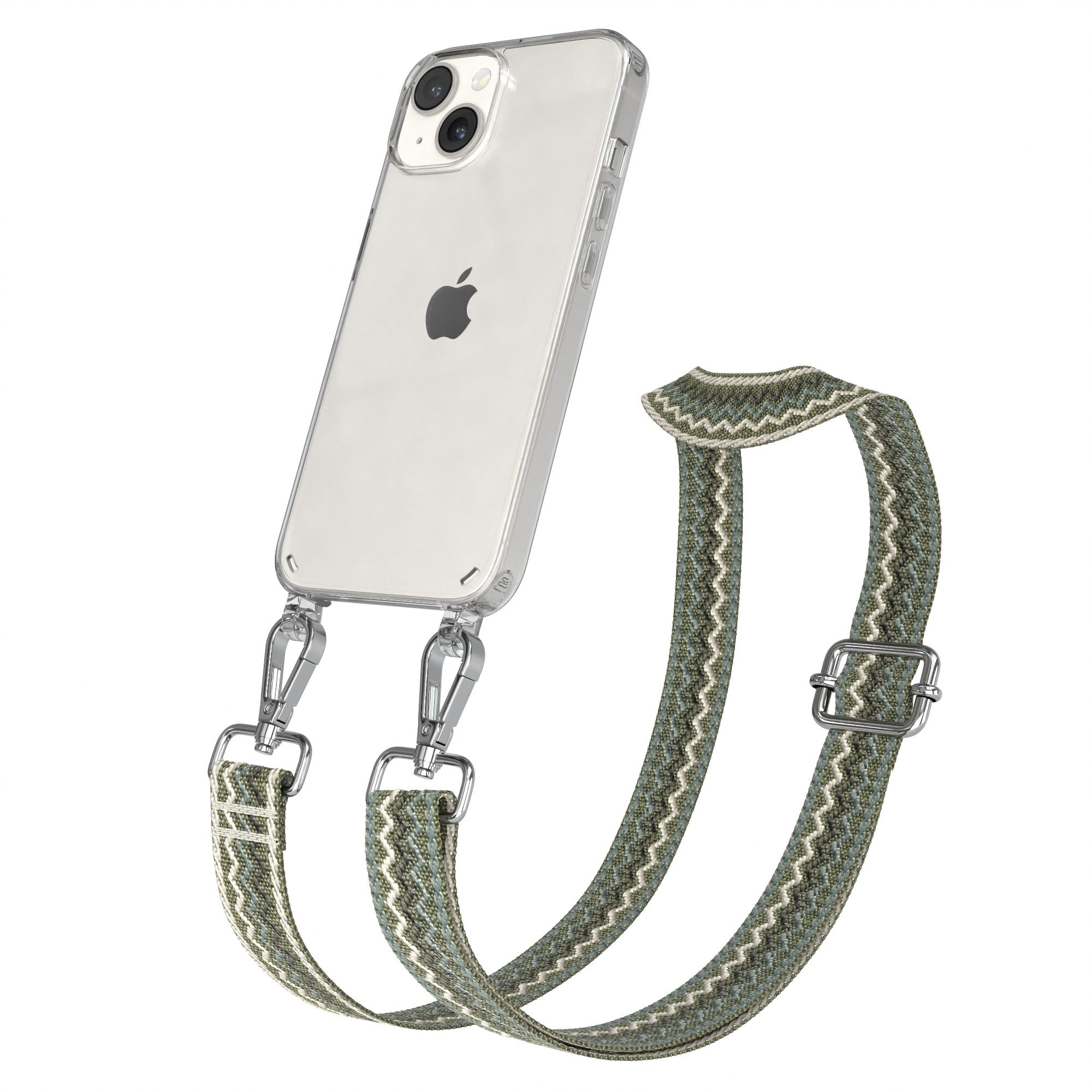 EAZY CASE Handykette Boho Umhängeband für Apple iPhone 14 6,1 Zoll, Verstellbarer Trageriemen Wave Case transparent DIY Gürteltasche Grün