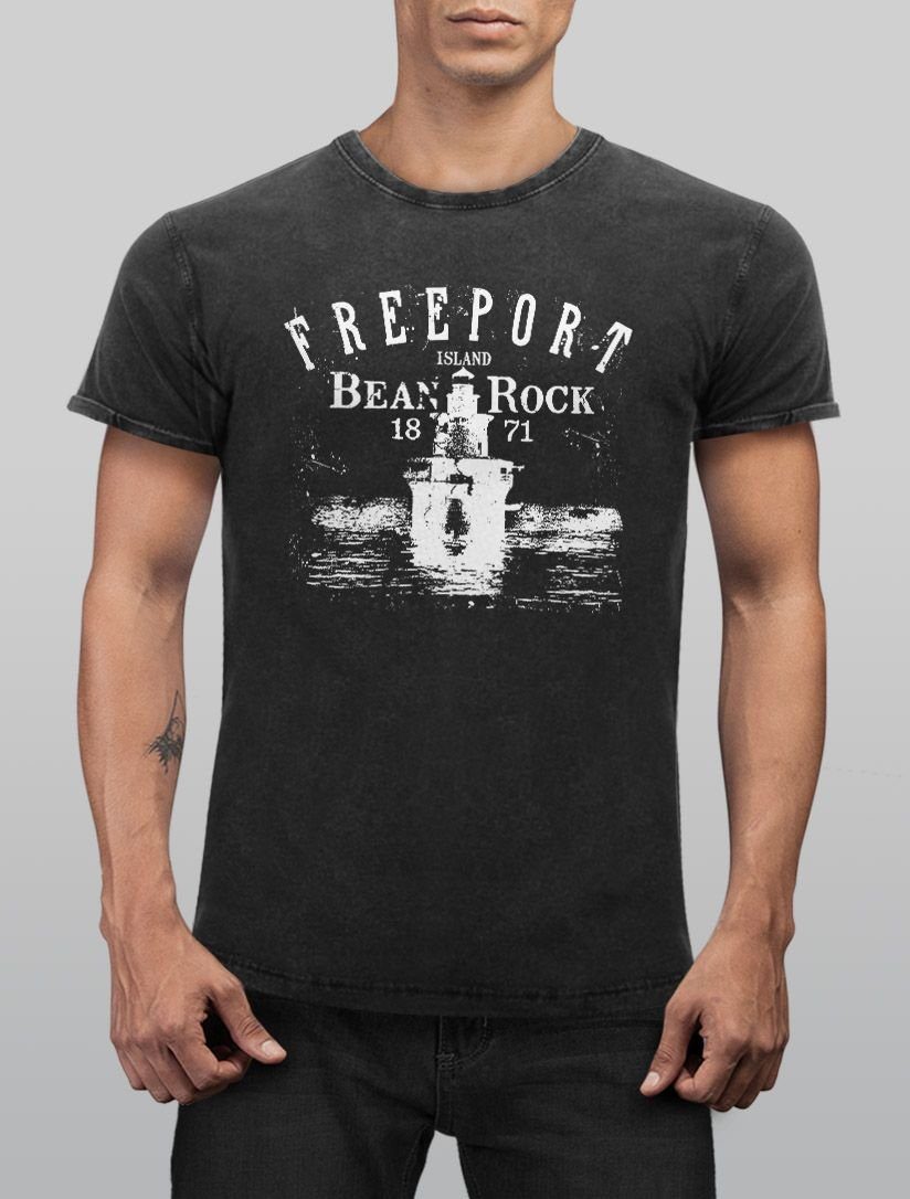 Vintage Island Print Shirt Neverless® Herren Print Freeport Retro schwarz Schriftzug Print-Shirt Neverless Leuchturm mit