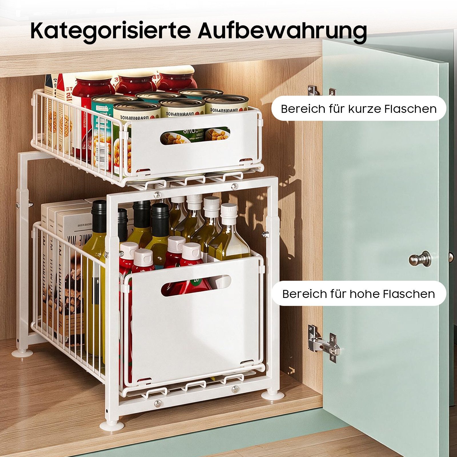 AIMAX Regalelement Ablageregal Waschbecken Regal, 2-Stufiger Küchenschrank Organizer, Aufbewahrungsregal, Schiebefunktion, Höhenverstellbar, Platzsparend – Bild 4 von 5