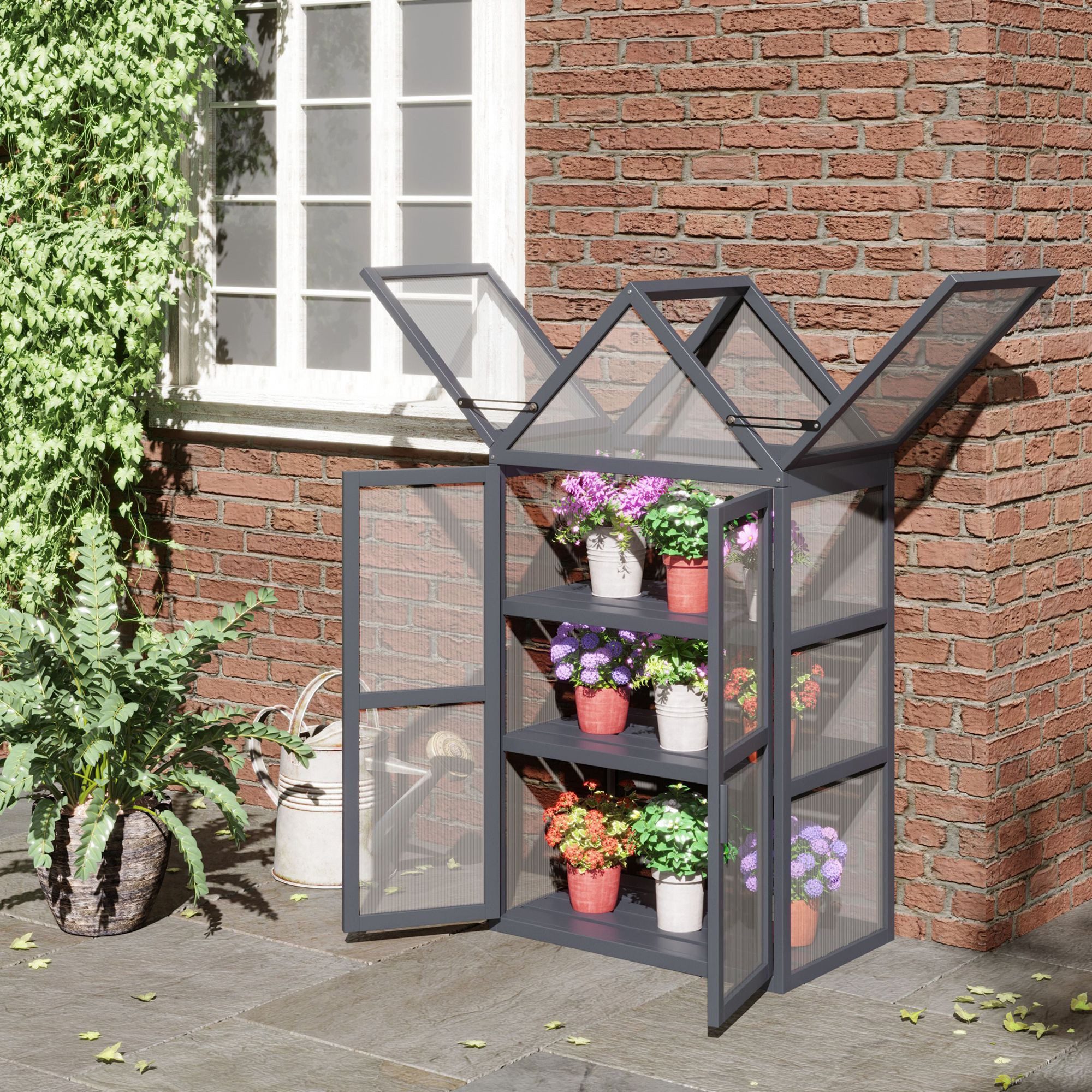 Outsunny Hochbeet Mini 3 Ebenen Pflanzenbeet mit Doppeltüren, Polycarbonat, Natur (Frühbeet, 1 St., Gewächshaus), wetterfest