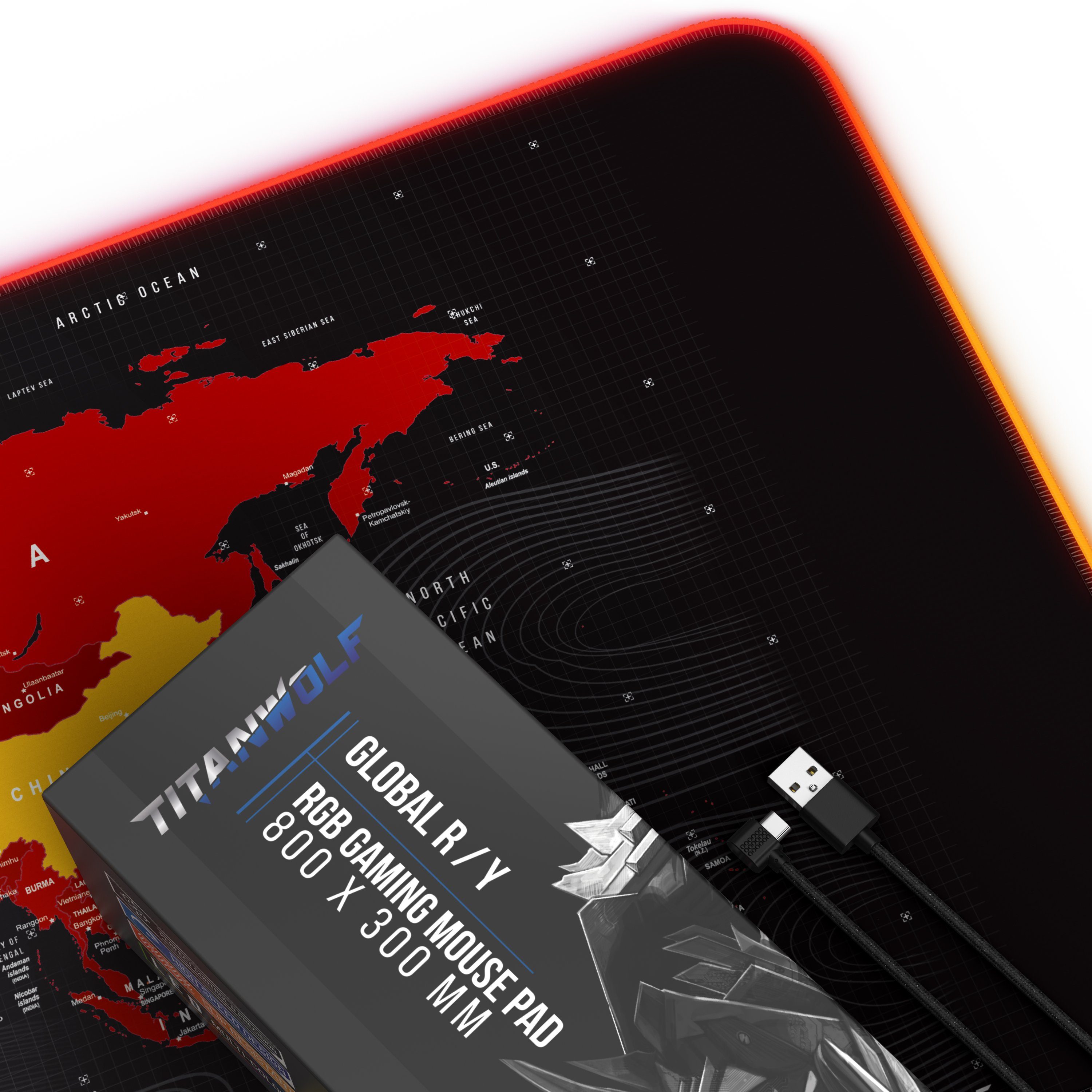 Titanwolf Gaming Mauspad RGB Mousepad 800 x 300 x 3 mm, LED Multi Color XL Tischunterlage, rutschfest, abwaschbar, Geschwindigkeit & Präzision, Weltkarte rot