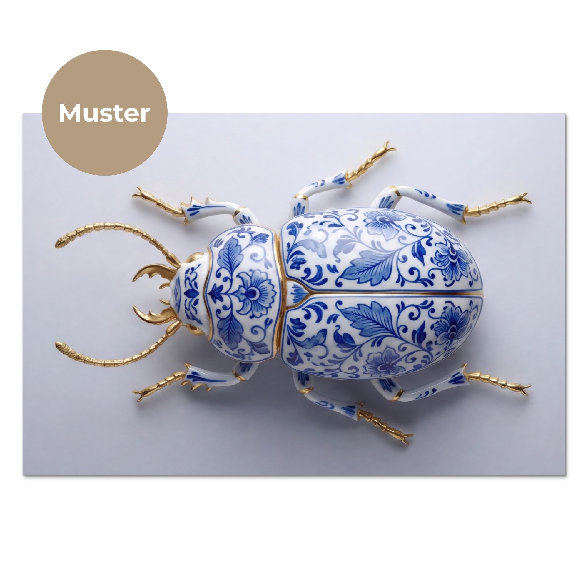KitchenYeah Küchenrückwand Muster selbstklebend (keine Folie) Käfer - Delfts - Blau - Gold, (1-tlg), Spritzschutz, Küche, Rückwand, Küchenwand, Küchenfront, 30x20 cm