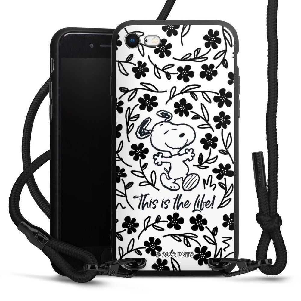 DeinDesign Handyhülle Peanuts Blumen Snoopy Snoopy Black and White This Is The Life, Apple iPhone 8 Premium Handykette Hülle mit Band Case zum Umhängen