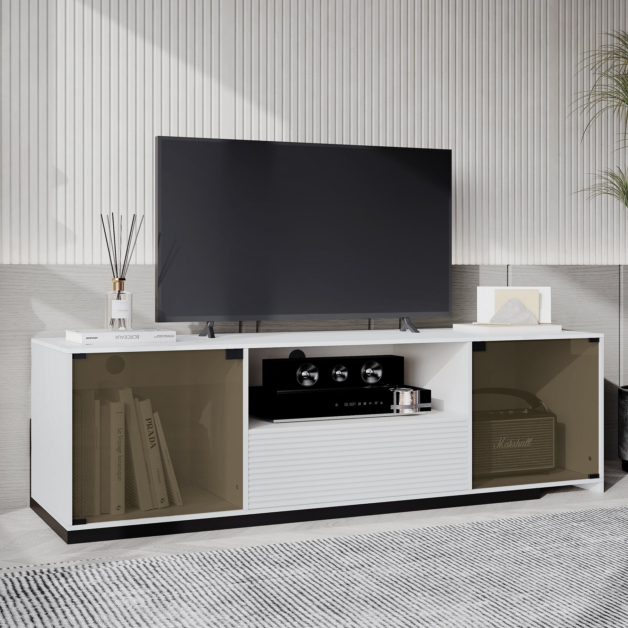 WISHDOR TV-Schrank TV-Ständer mit 1 Türen, L Schublade (für Glasdesign) offenem ED-Beleuchtung Tischplatte 60-Zoll-Fernseher, einen 1 und Mit und 2 marmorgeäderter Fach elegantem