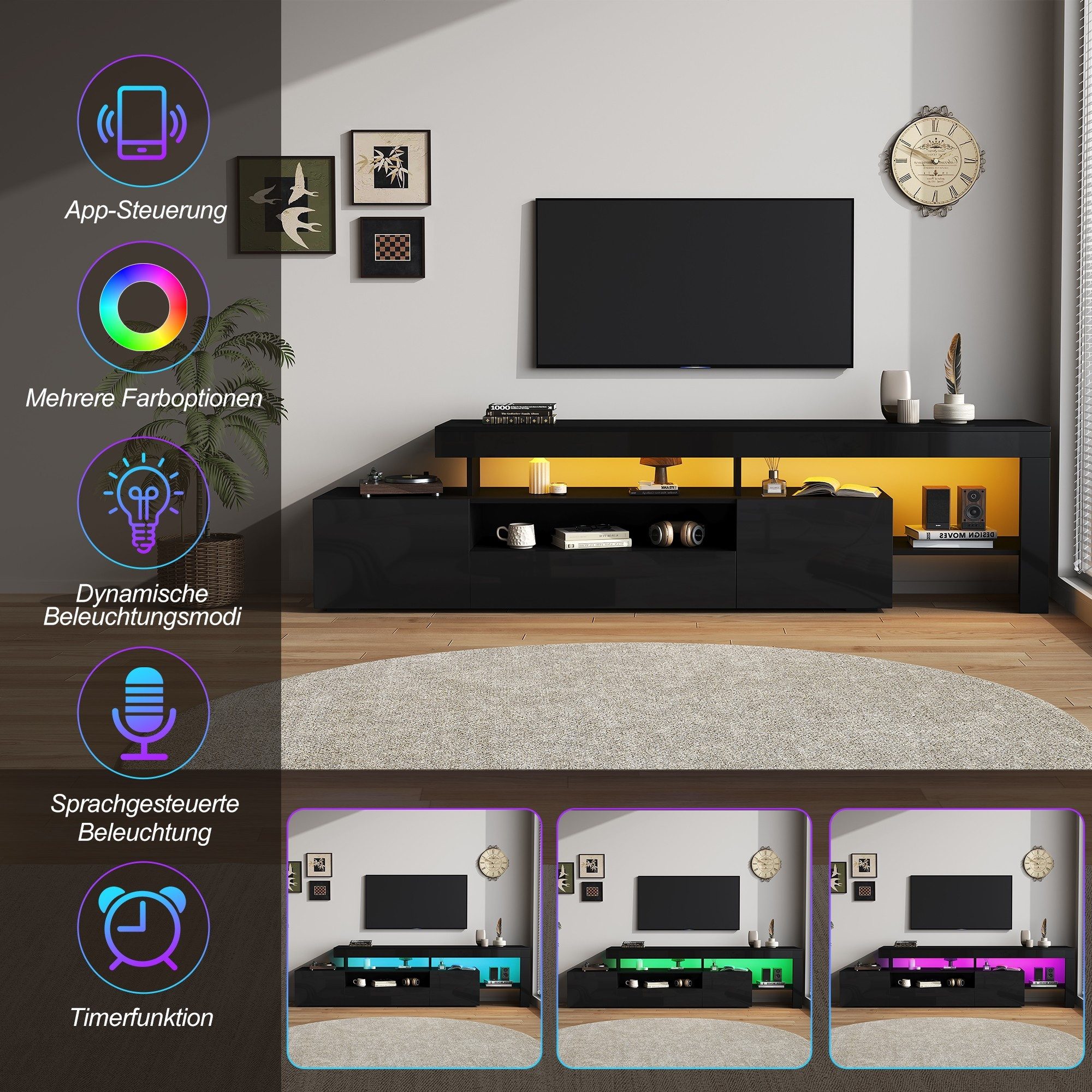 BlingBin Lowboard TV schrank mit 3 Klapptüren und LED-Beleuchtung, Hochglanzfront (TV stand, 1 St., TV-Kommode Geeignet für Fernseher um 85 Zoll), Fernsehschrank mit App-gesteuerter RGB-LED-Beleuchtung, Schwarz