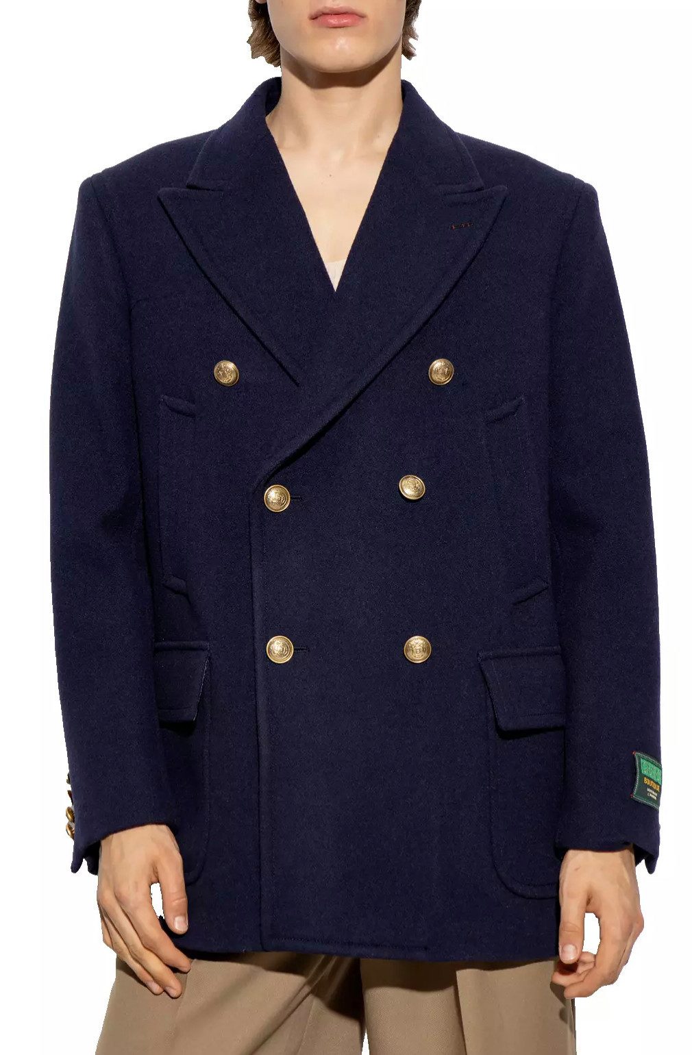 GUCCI Kurzmantel Filzwolle Peacoat Navy 46/S Goldfarbenen Knöpfen, Edle Spitzrevers