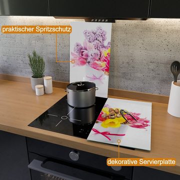 Wallario Herd-Abdeckplatte Zwei Blumen-Bouquets aus gelben und roten Tulpen und Flieder, ESG-Sicherheitsglas, (Glasplatte, 2 tlg., inkl. 5mm Noppen), verschiedene Größen