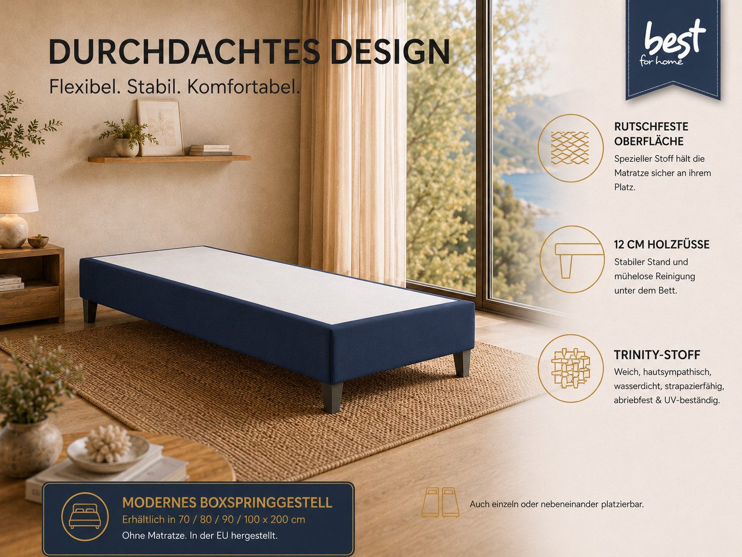 Best for Home Boxspringbett Rahmen – Massivholz, 12 cm Füße, Stabil & Zuverlässig (Seniorebett, Matratze, Jugendbett, Kinderbett, 70x200 80x200 90x200 100x200 c – Bild 2 von 5