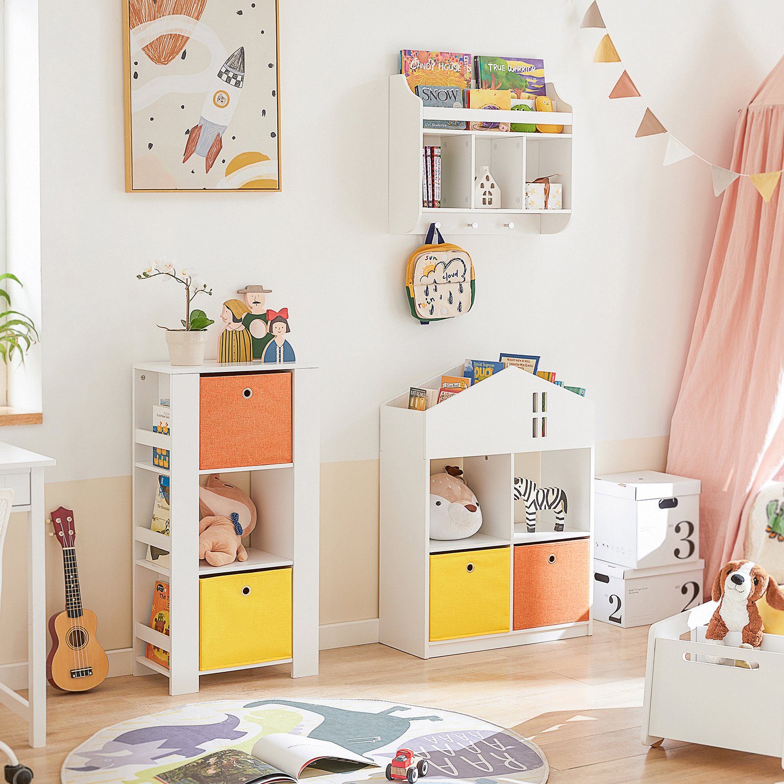 Kinder Bücherregal Weiß Mit 8 Stoffboxen - Spielzeugregal 30x140x104cm Für Kinderzimmer